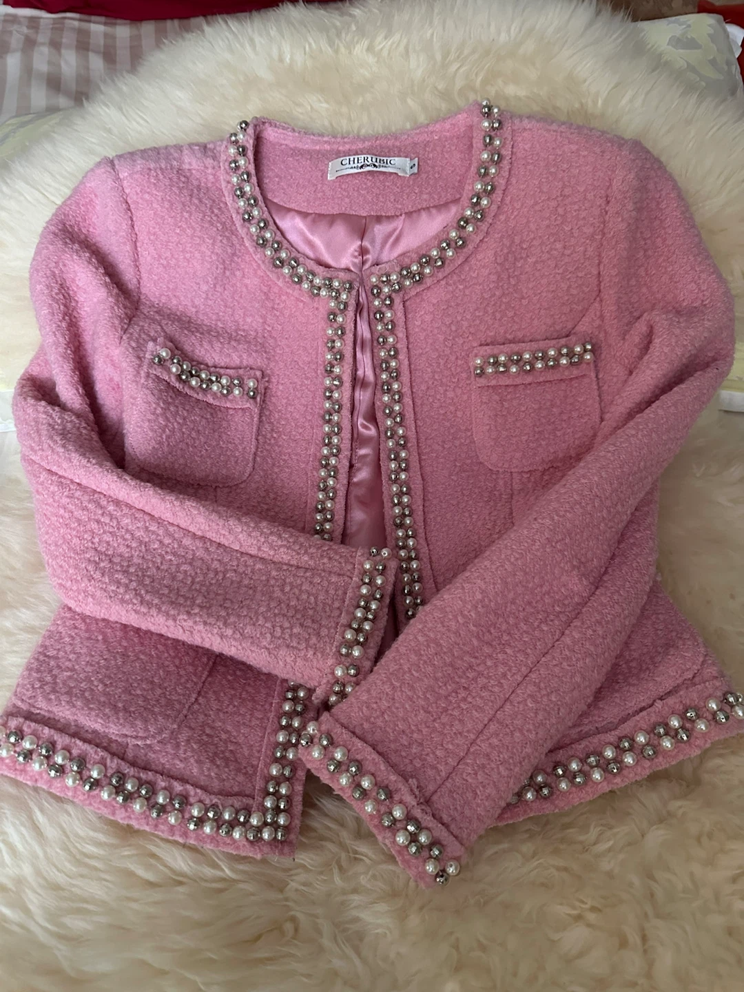 Cherubic Pink Tweed Beaded Jacket - photo 3
