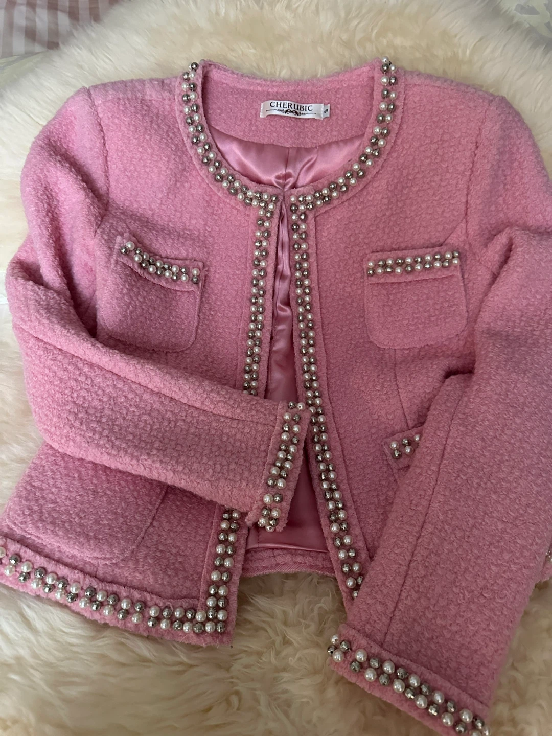 Cherubic Pink Tweed Beaded Jacket - photo 4