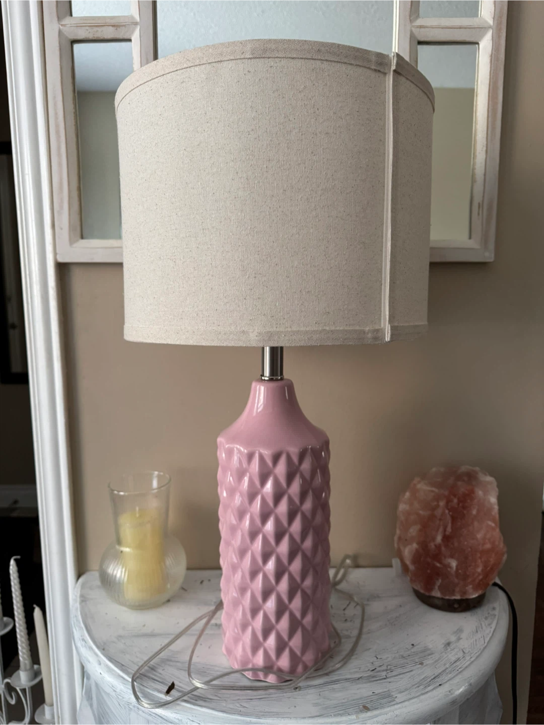 Pink Diamond Patterned Table Lamp with Neutral Shade - photo 2