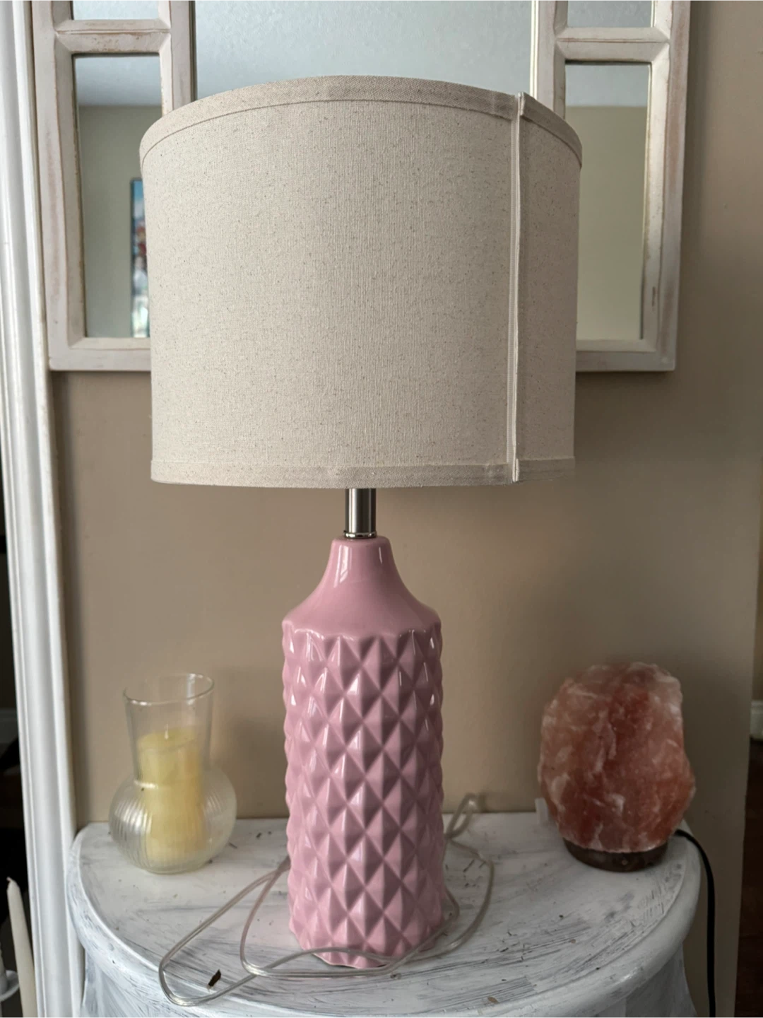Pink Diamond Patterned Table Lamp with Neutral Shade