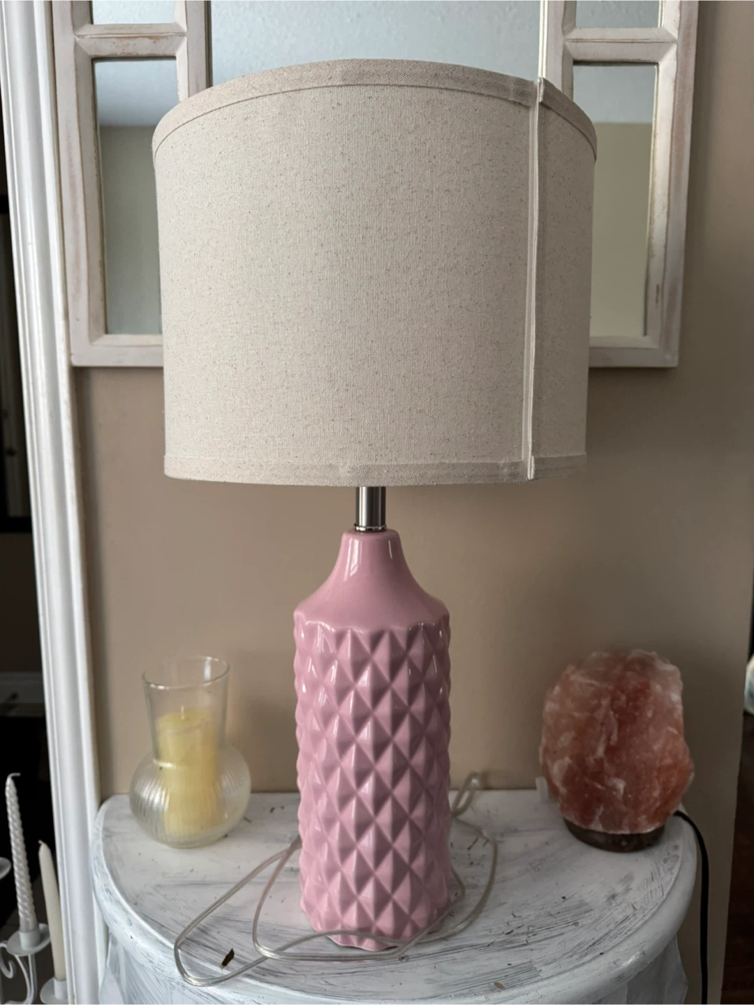 Pink Diamond Patterned Table Lamp with Neutral Shade - photo 3