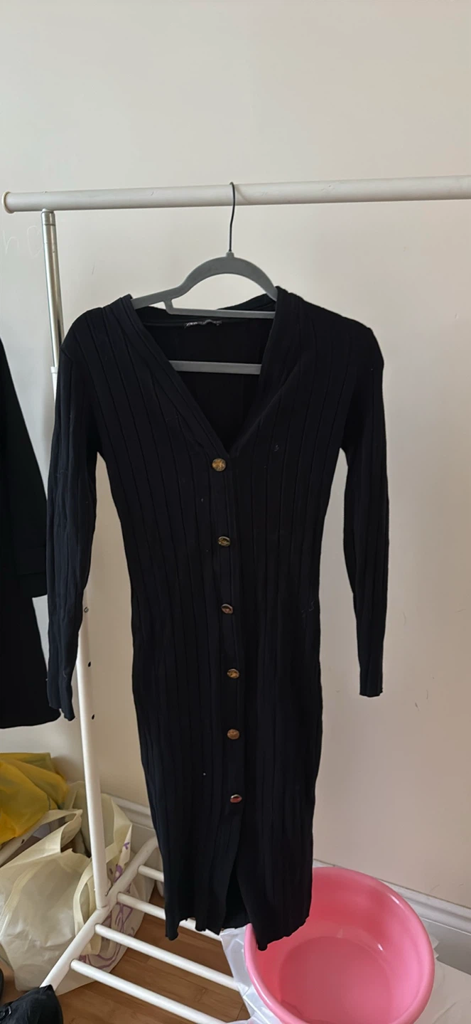 Black Ribbed Button-Up Midi Dress