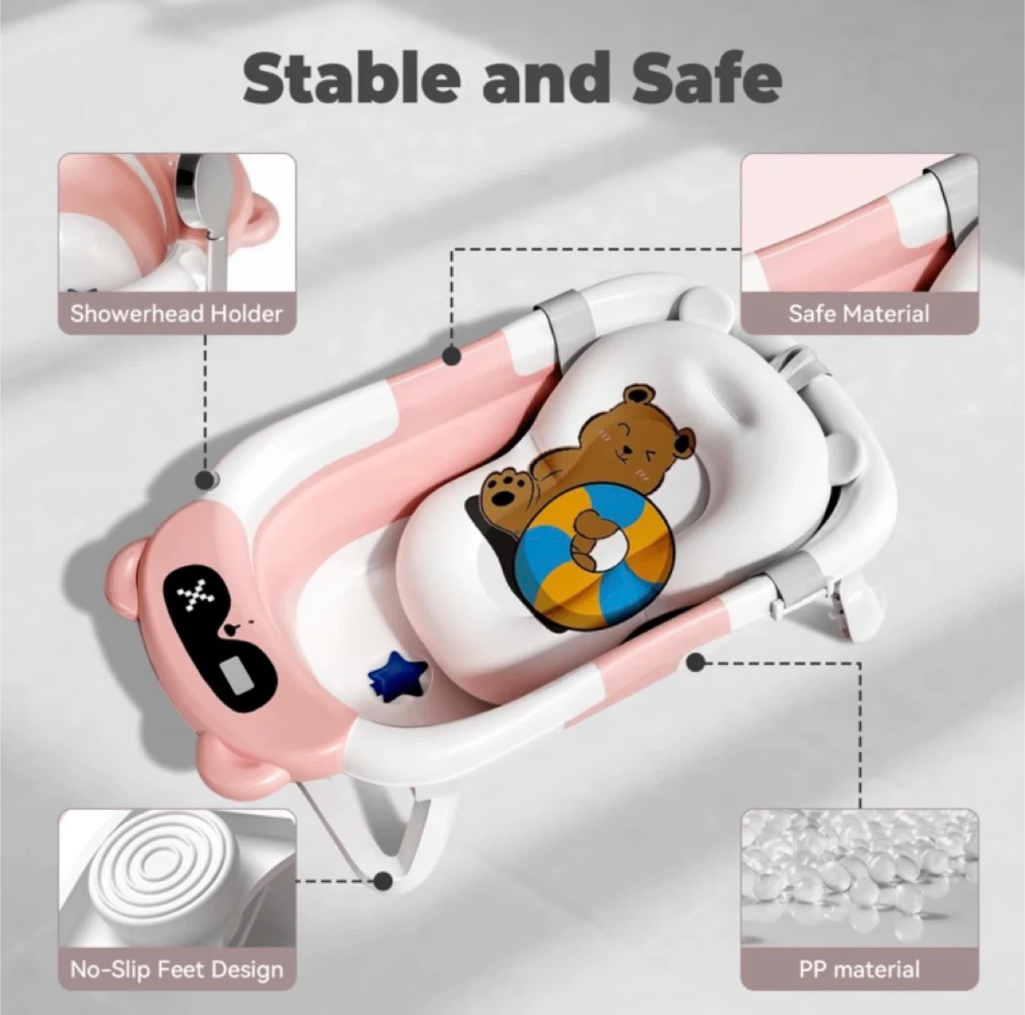Pink Collapsible Baby Bathtub with Bear Pad