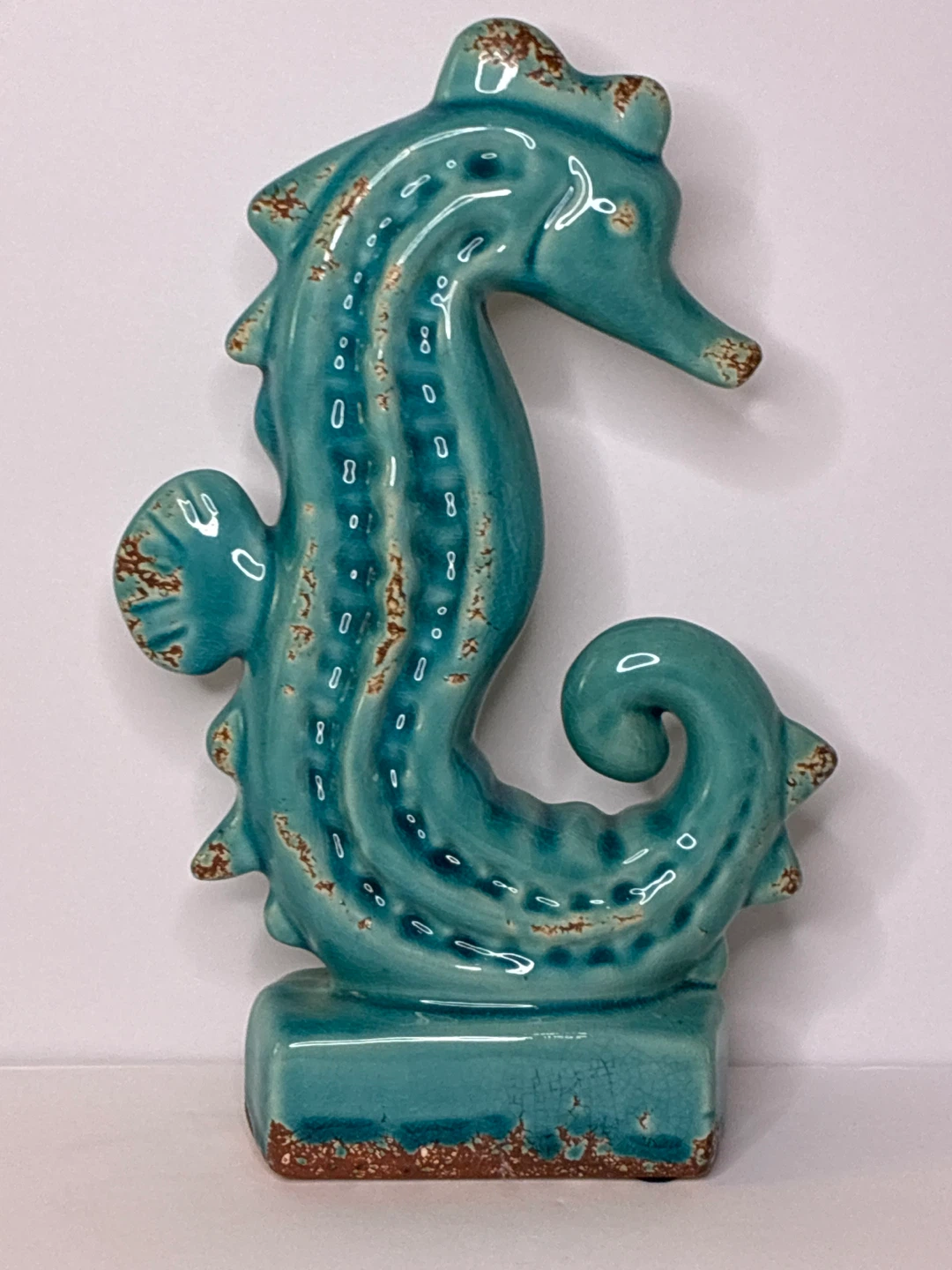 Vintage Coastal Ceramic Seahorse – Turquoise Crackle Glaze