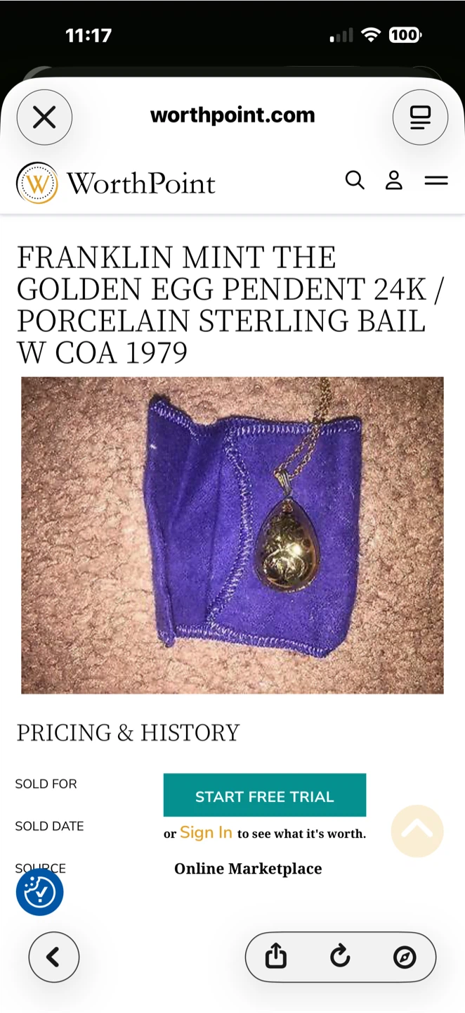 Franklin Mint Golden Egg Pendant 24K Porcelain Sterling Bail