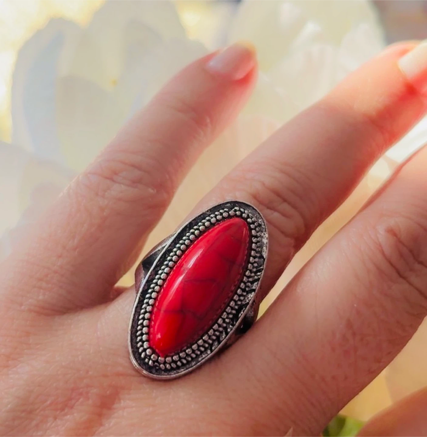 Beautiful Silver Oval Red Stone Ring, Size 7