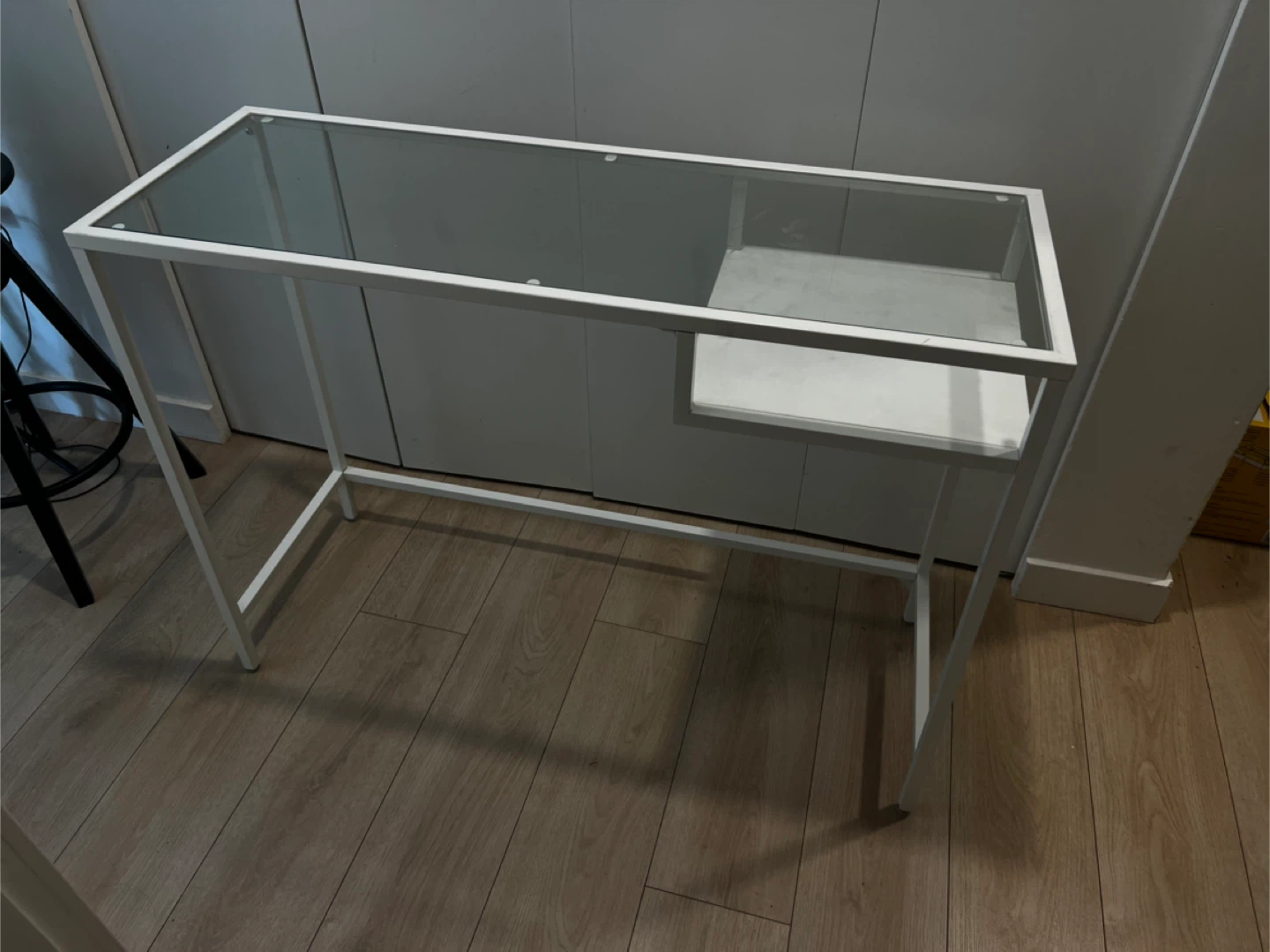 White metal and glass desk with shelf