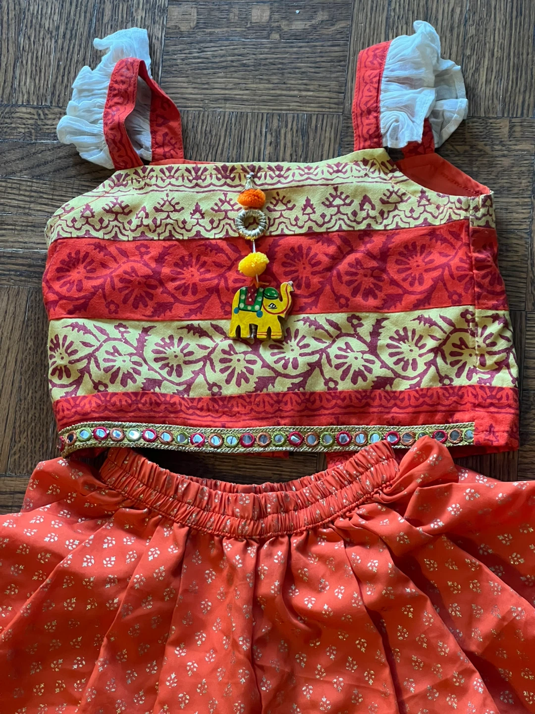 2/3 Years Kids' Orange Elephant Print Top and Dhoti Pants Set - photo 2