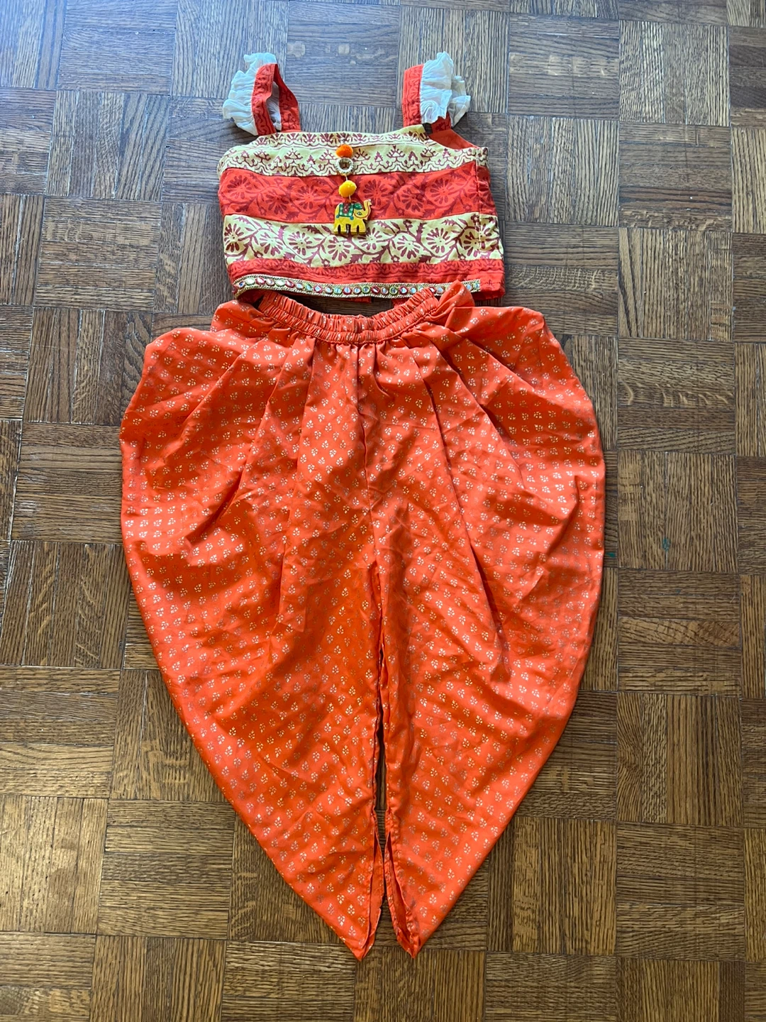 2/3 Years Kids' Orange Elephant Print Top and Dhoti Pants Set