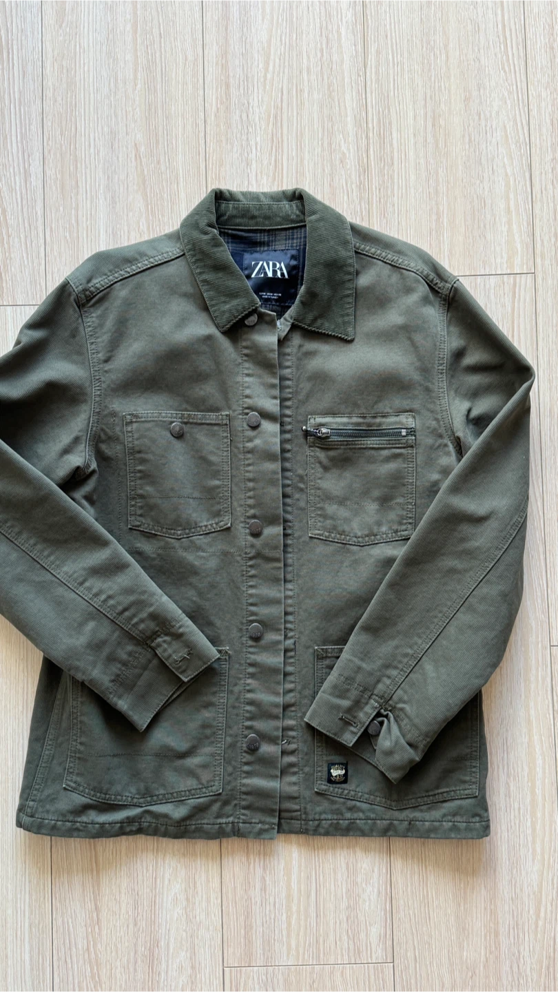 ZARA Olive green corduroy collar Jacket with Plaid Lining