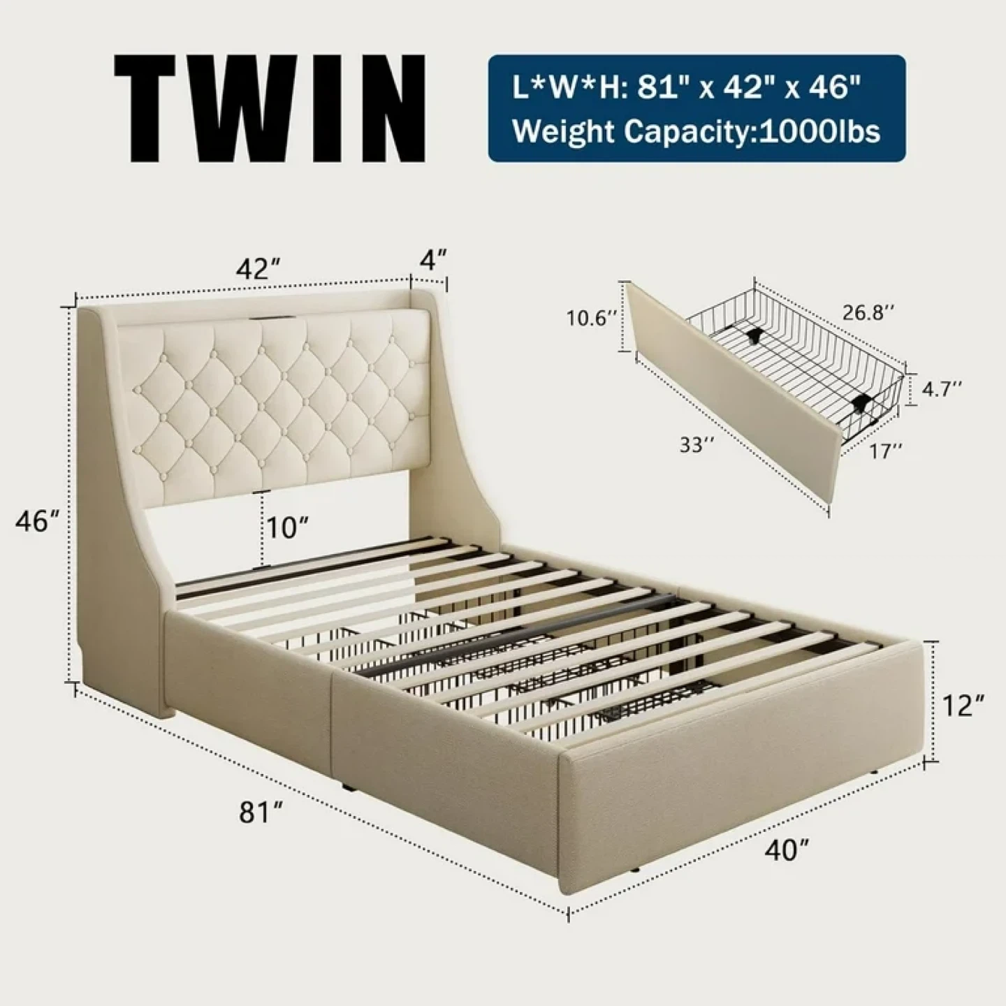 Twin Size Bed Frame with 4 Storage Drawers - photo 2