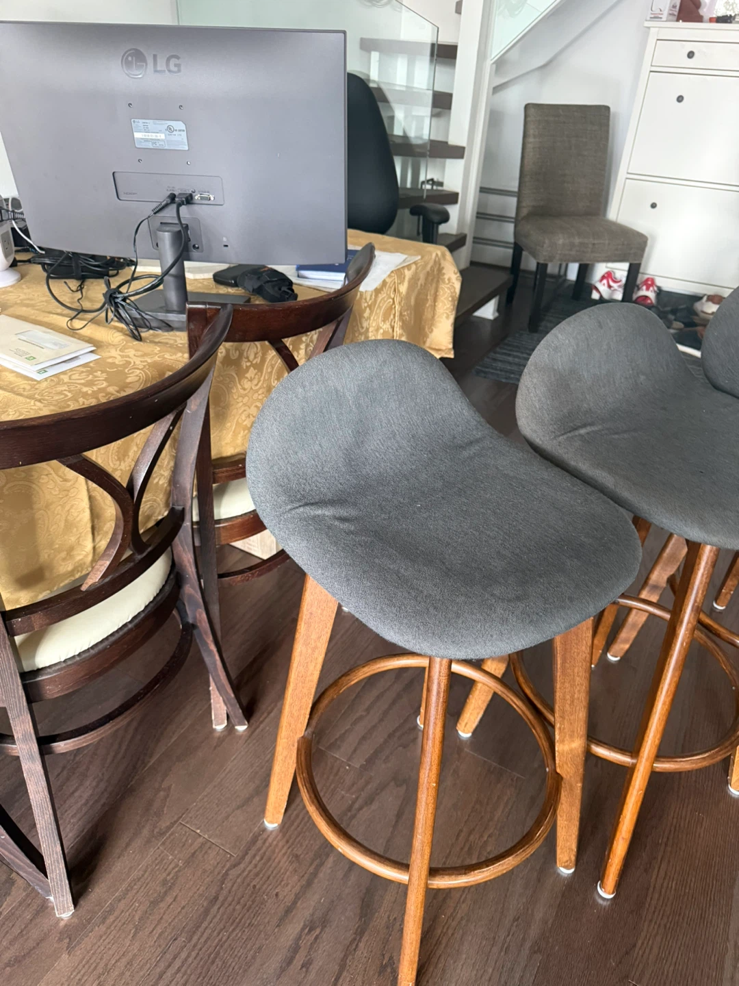 Grey Fabric Bar Stools with Wooden Legs (Set of 4) - photo 3