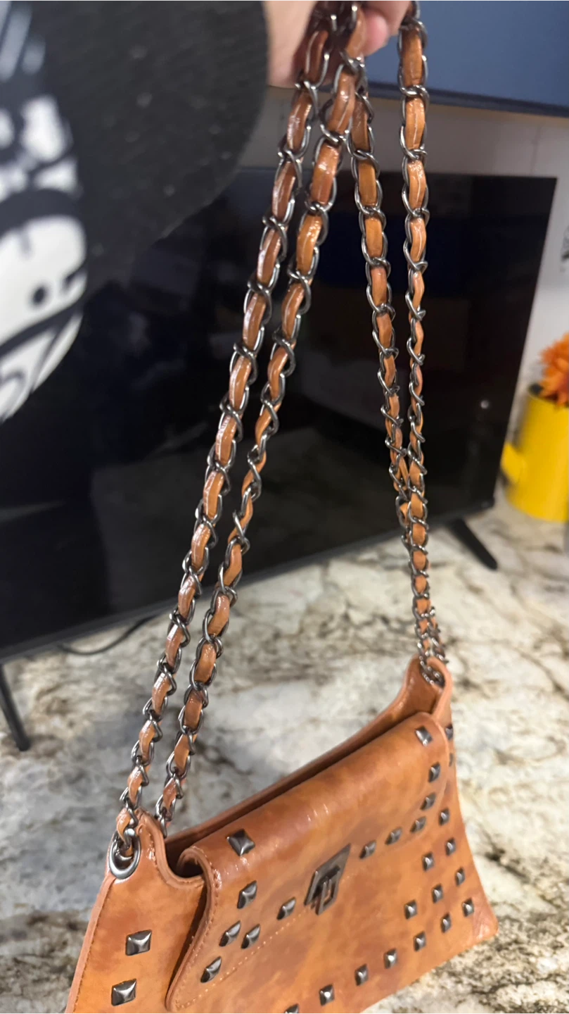New Brown Studded Faux Leather Shoulder Bag check more pictures - photo 4