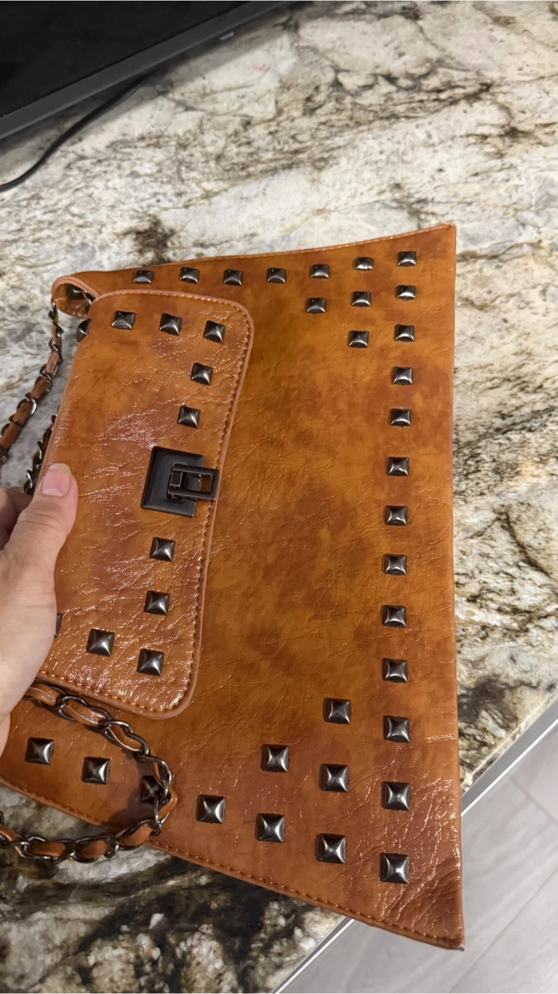 New Brown Studded Faux Leather Shoulder Bag check more pictures - photo 2