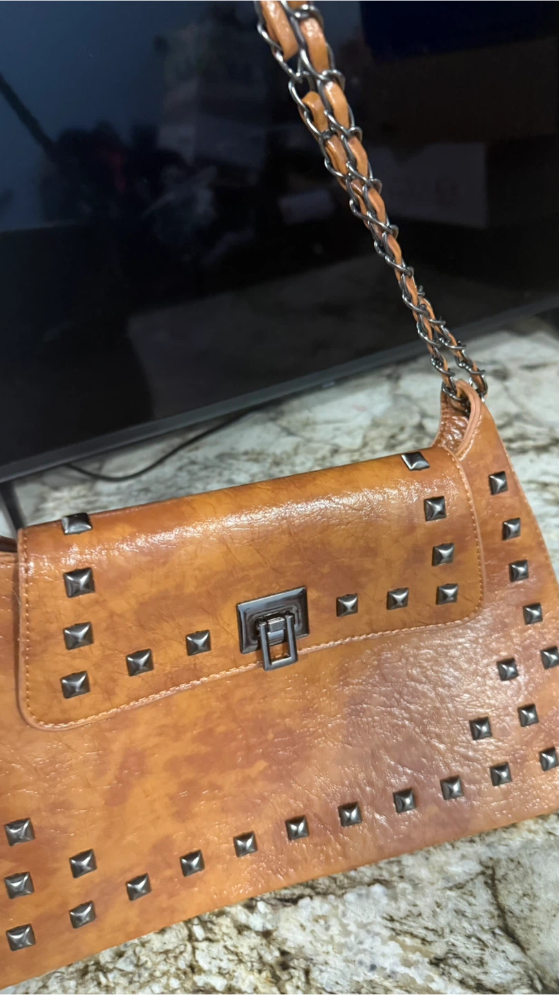 New Brown Studded Faux Leather Shoulder Bag check more pictures - photo 5