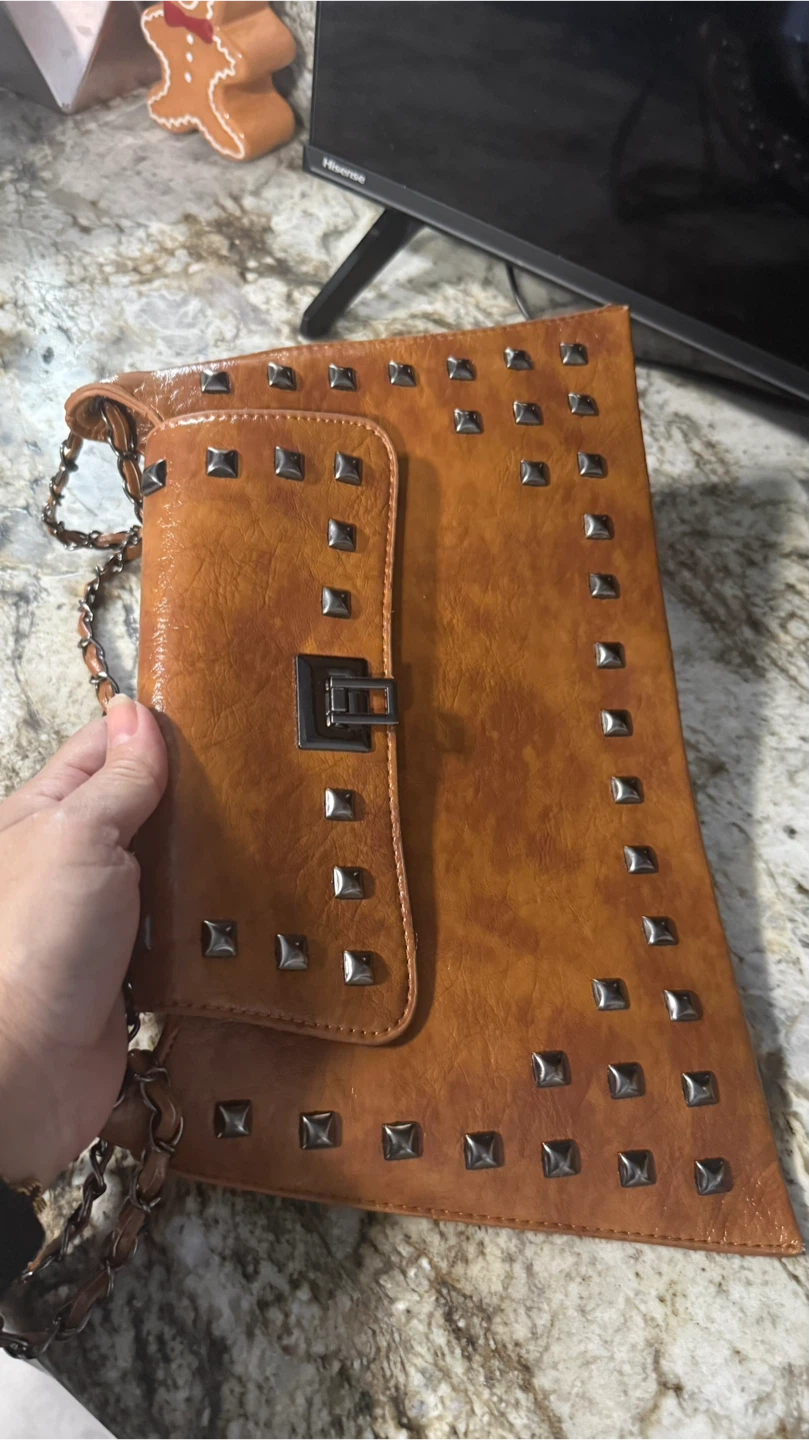 New Brown Studded Faux Leather Shoulder Bag check more pictures