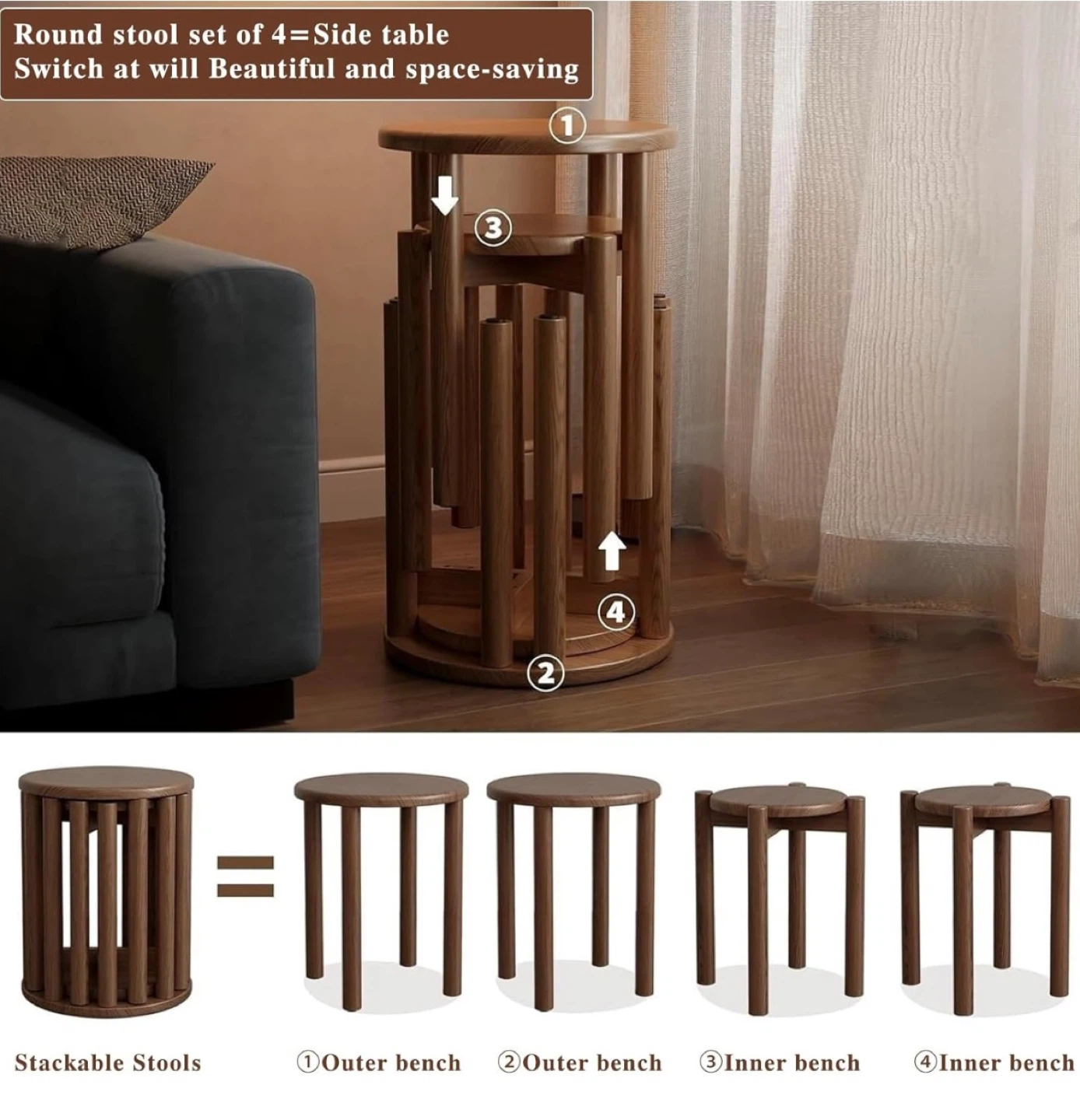 Round Stool Set of 4 Side Table (stackable & compact) - photo 4