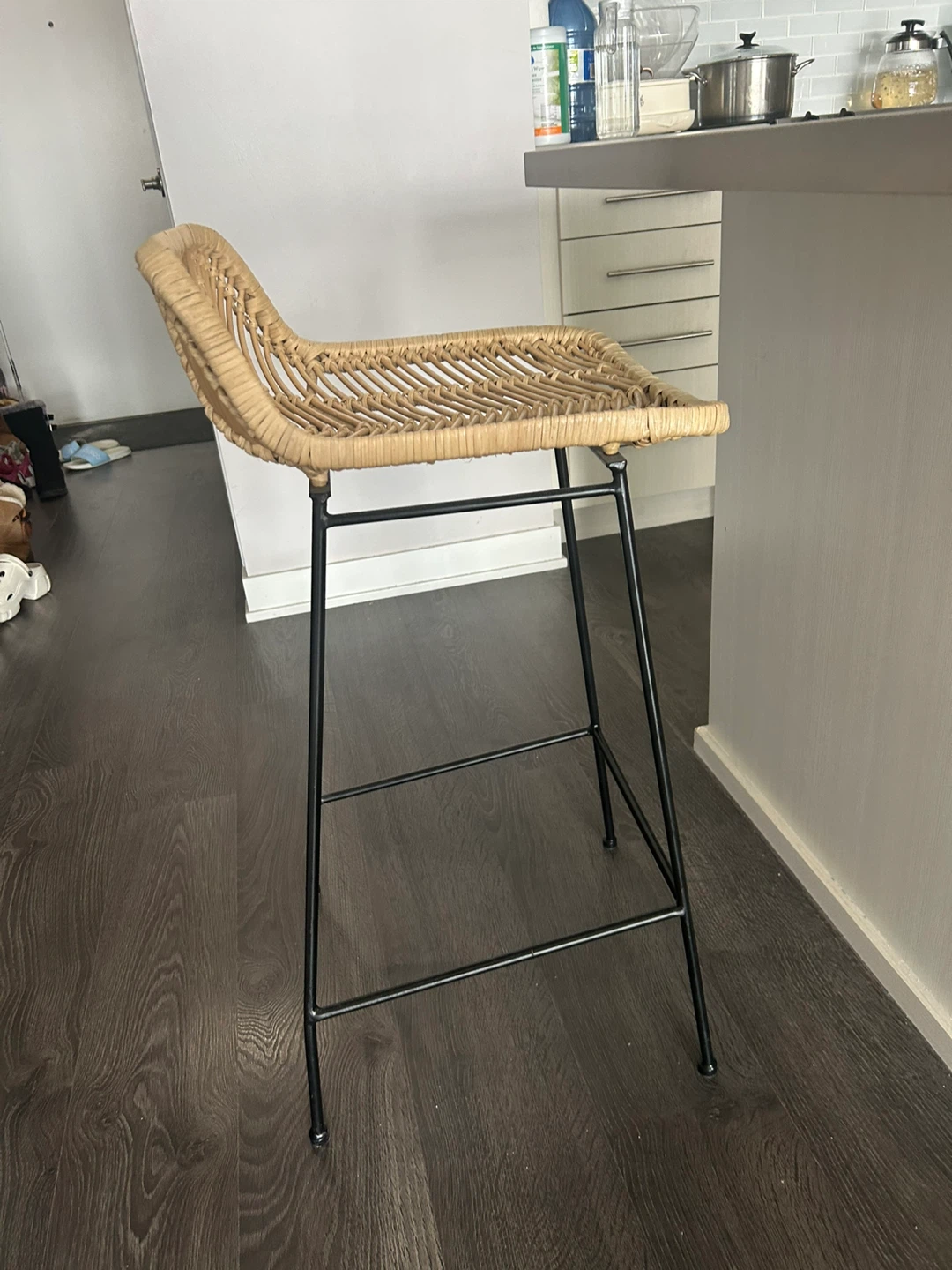 Moving sale! Woven Rattan Bar Stool with Black Metal Legs