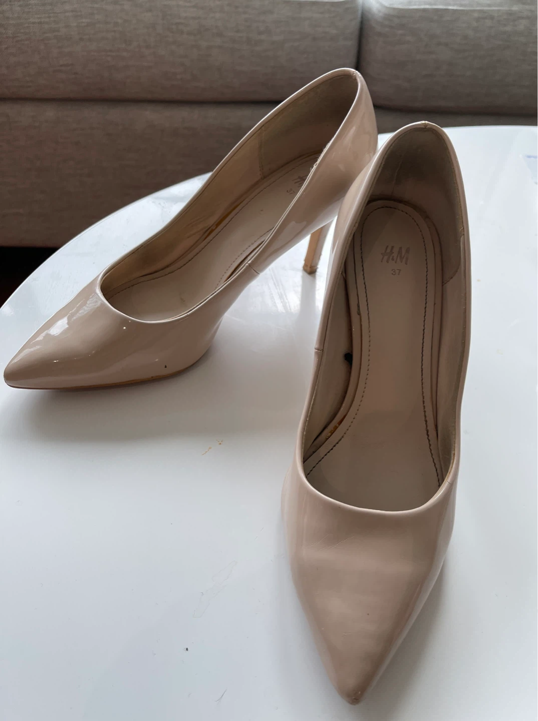 H&M Nude Patent Leather Pointed Toe Heels - Size 37