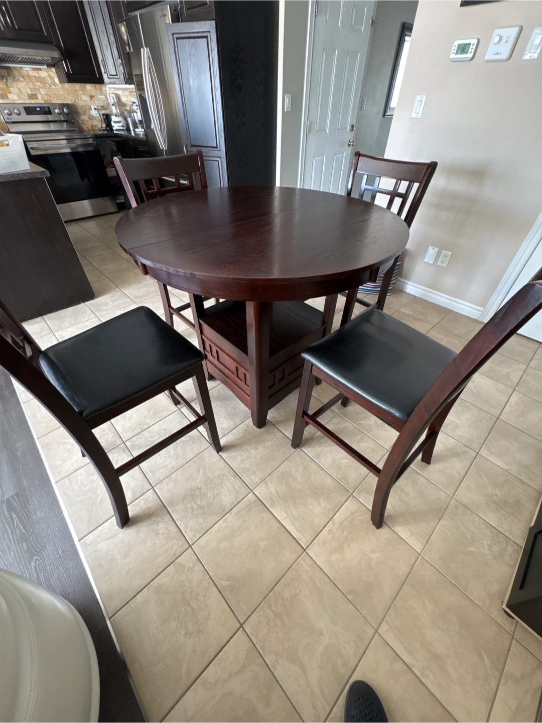 Dark Wood Dining Table Set with 4 Black Padded Chairs