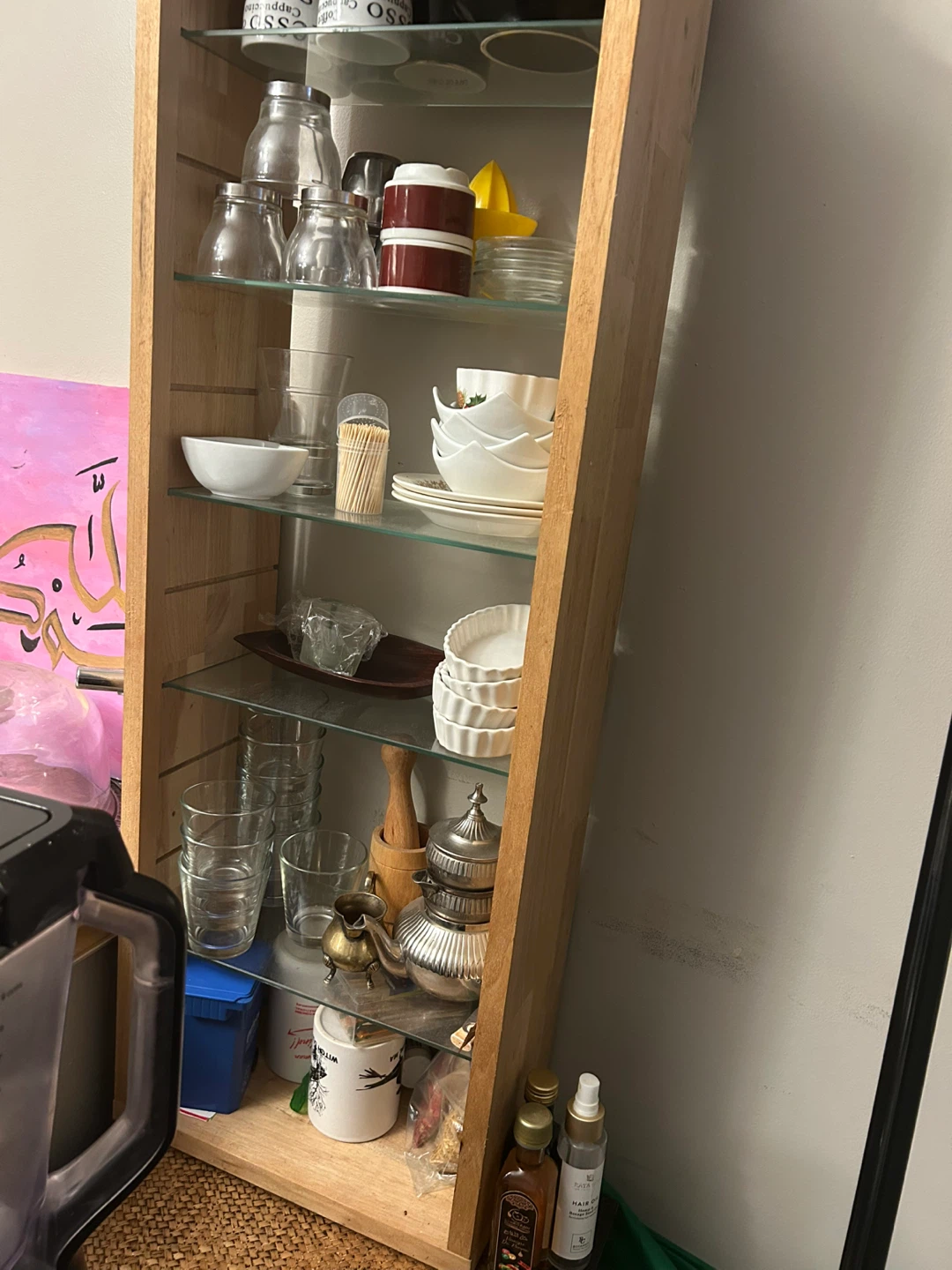 Wooden display cabinet without glass shelves