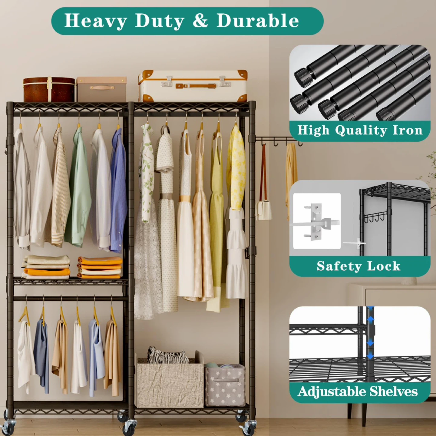 Rolling Clothes Rack, Heavy Duty Garment Rack - photo 2