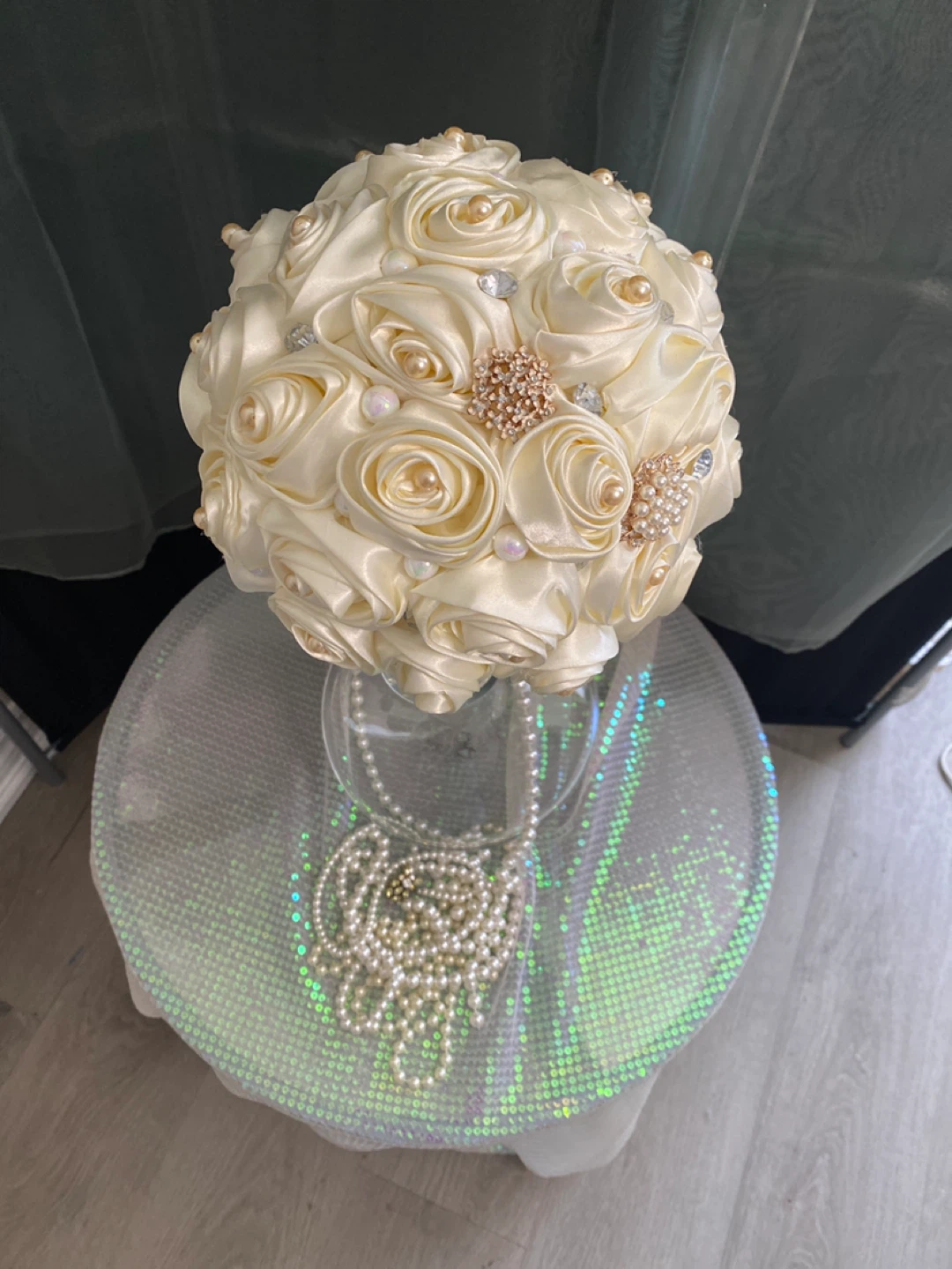 Satin Rose Bridal Bouquet with Pearls and Rhinestones - photo 3