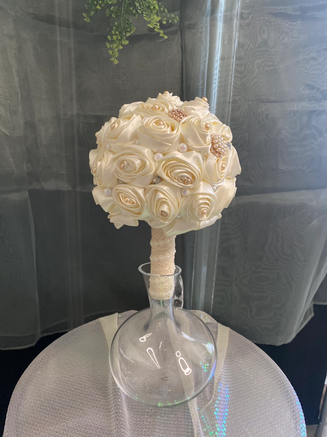 Satin Rose Bridal Bouquet with Pearls and Rhinestones - photo 2
