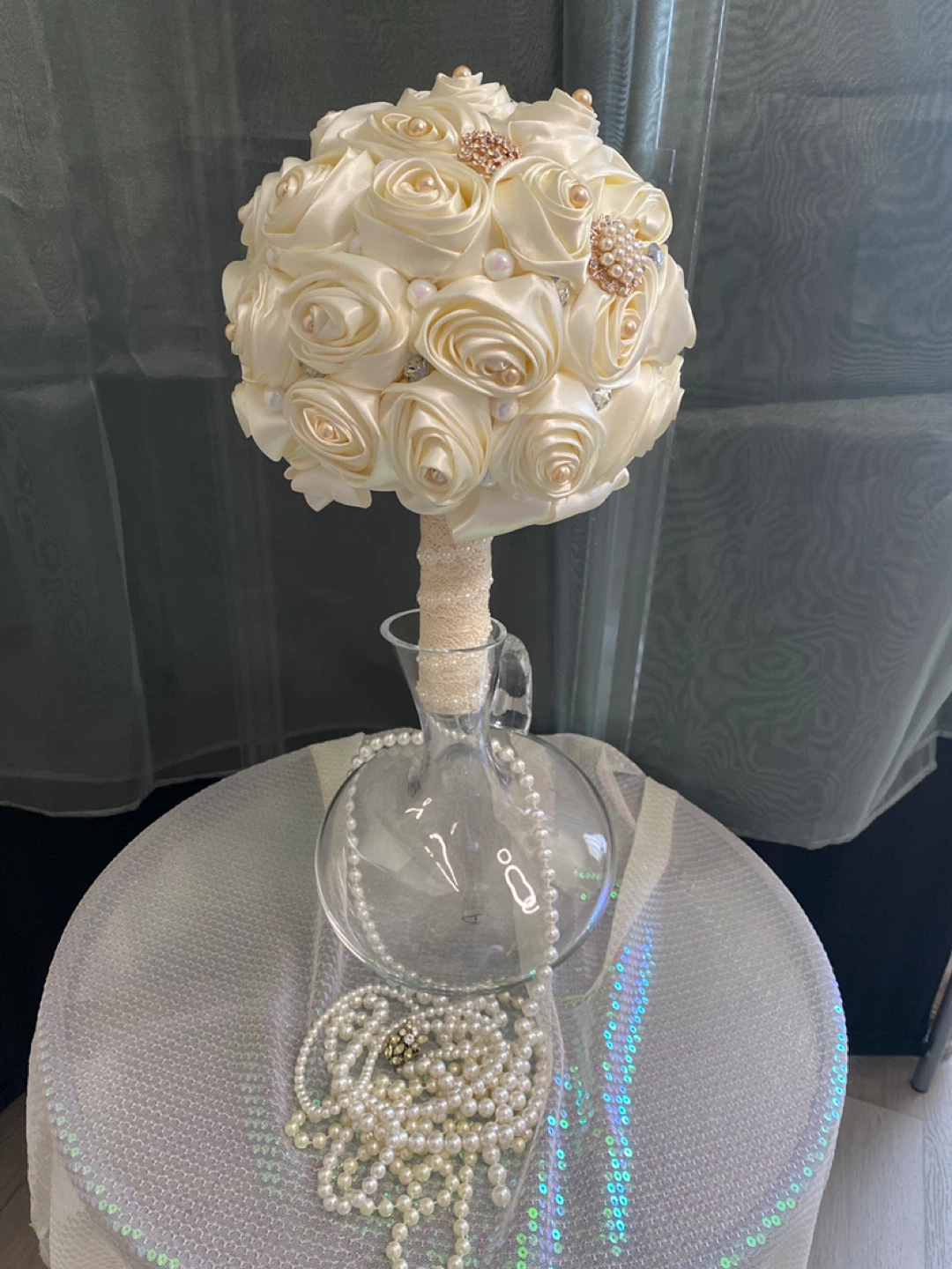 Satin Rose Bridal Bouquet with Pearls and Rhinestones - photo 4
