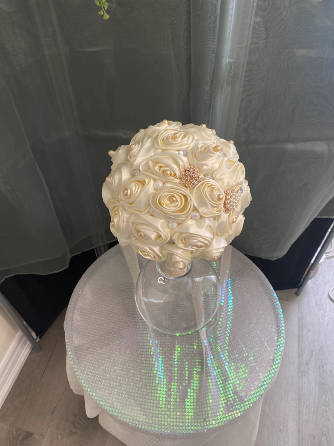 Satin Rose Bridal Bouquet with Pearls and Rhinestones