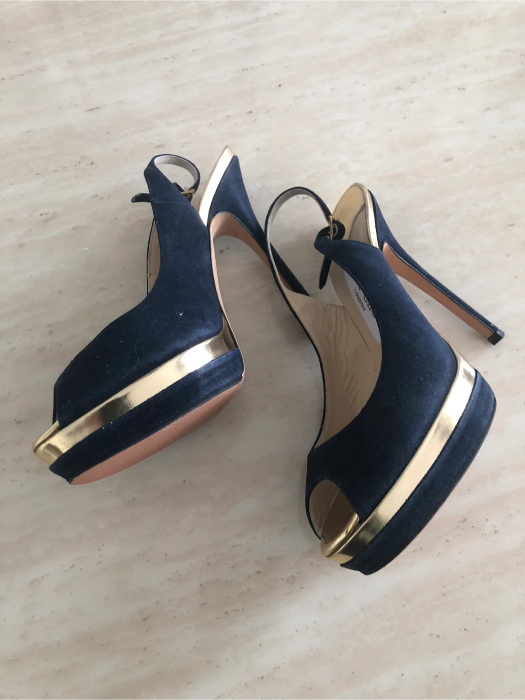 Jimmy Choo Navy Suede Peep-Toe Platform Heels - photo 4