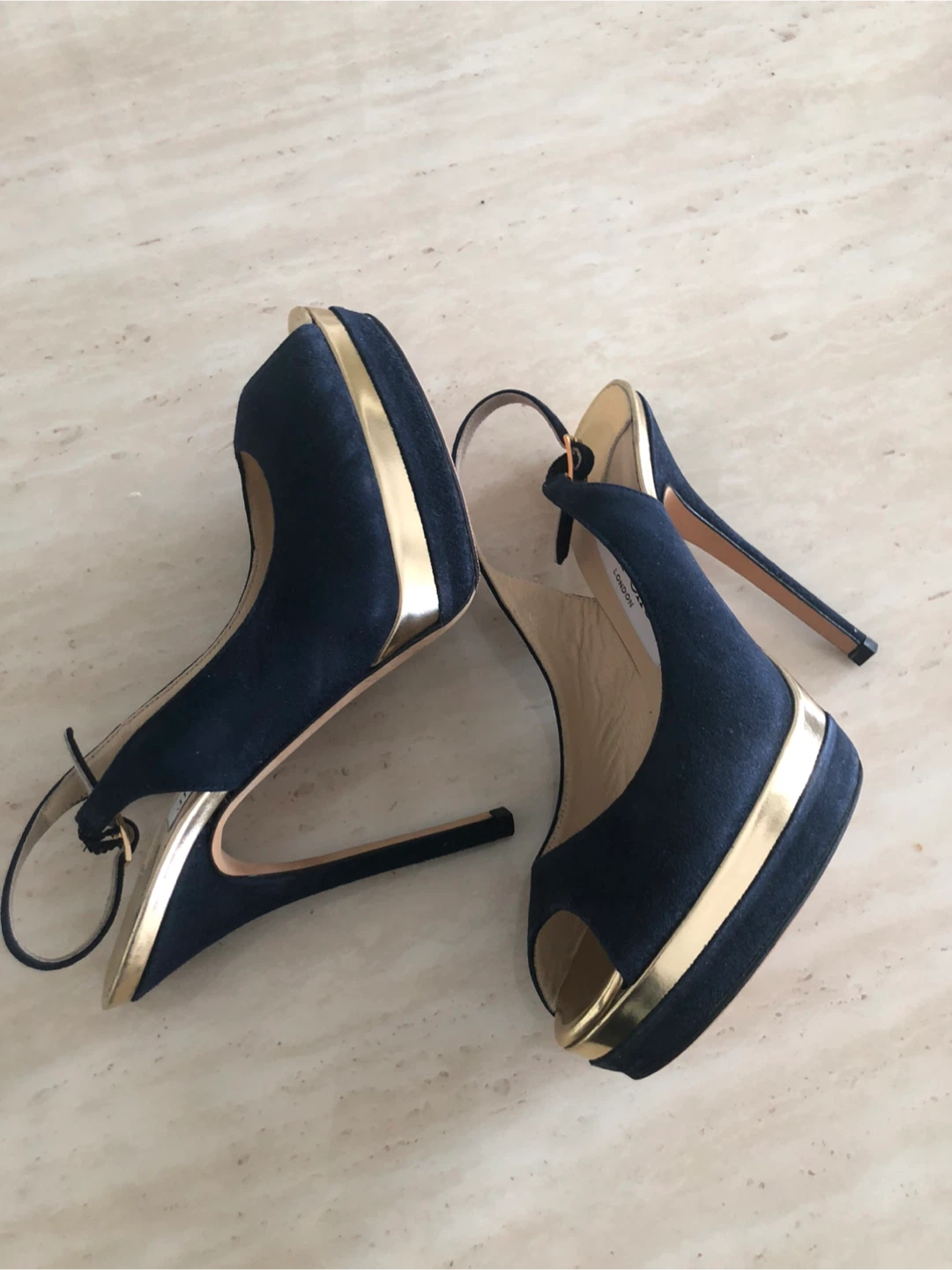 Jimmy Choo Navy Suede Peep-Toe Platform Heels