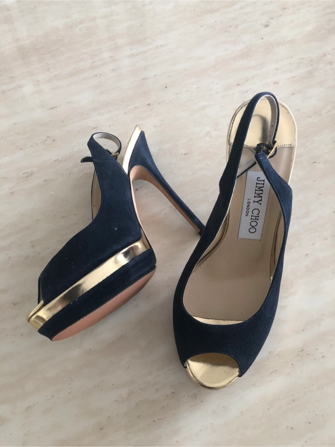 Jimmy Choo Navy Suede Peep-Toe Platform Heels - photo 3