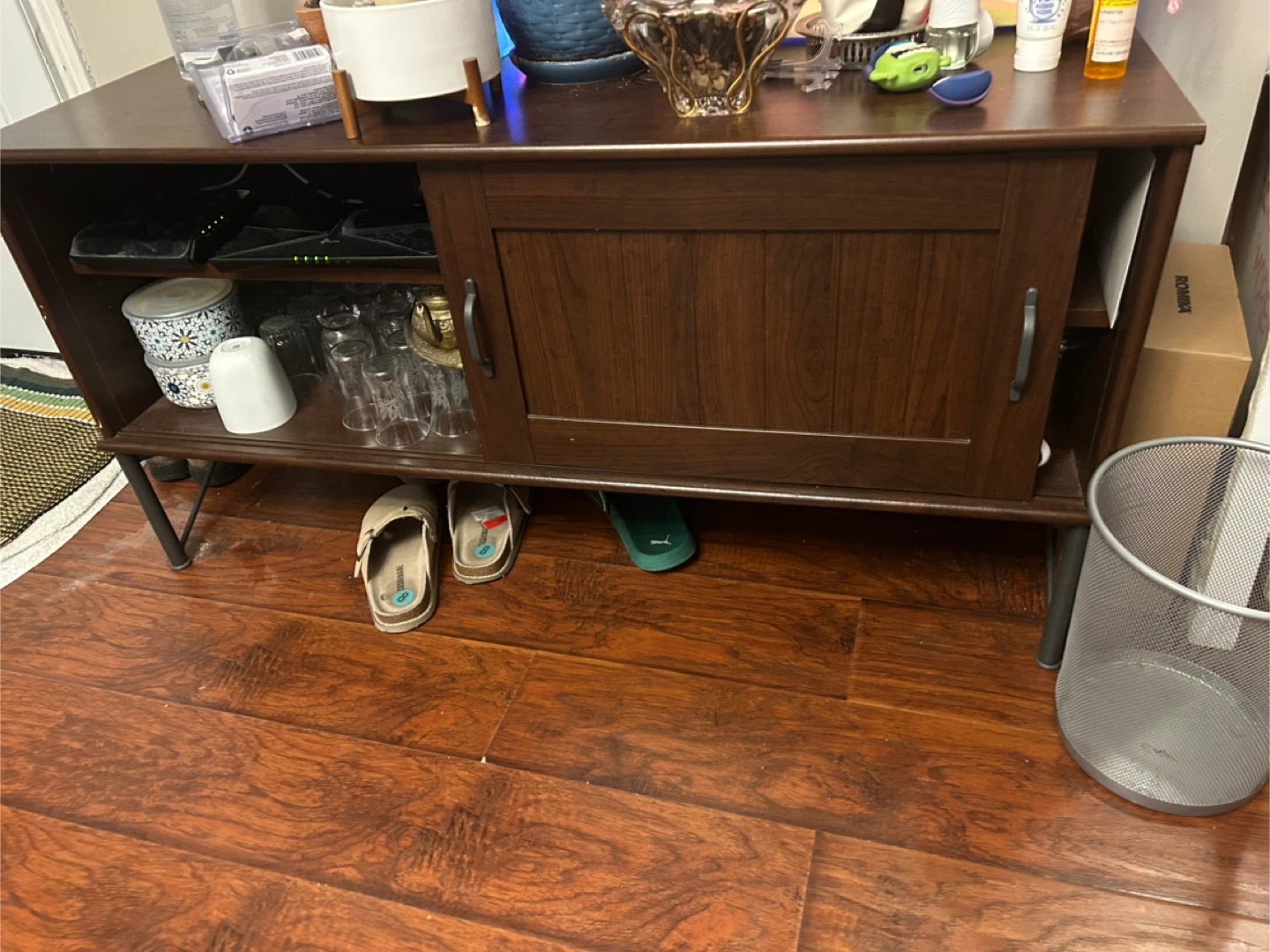 Dark Wood Entertainment Console with Sliding Door