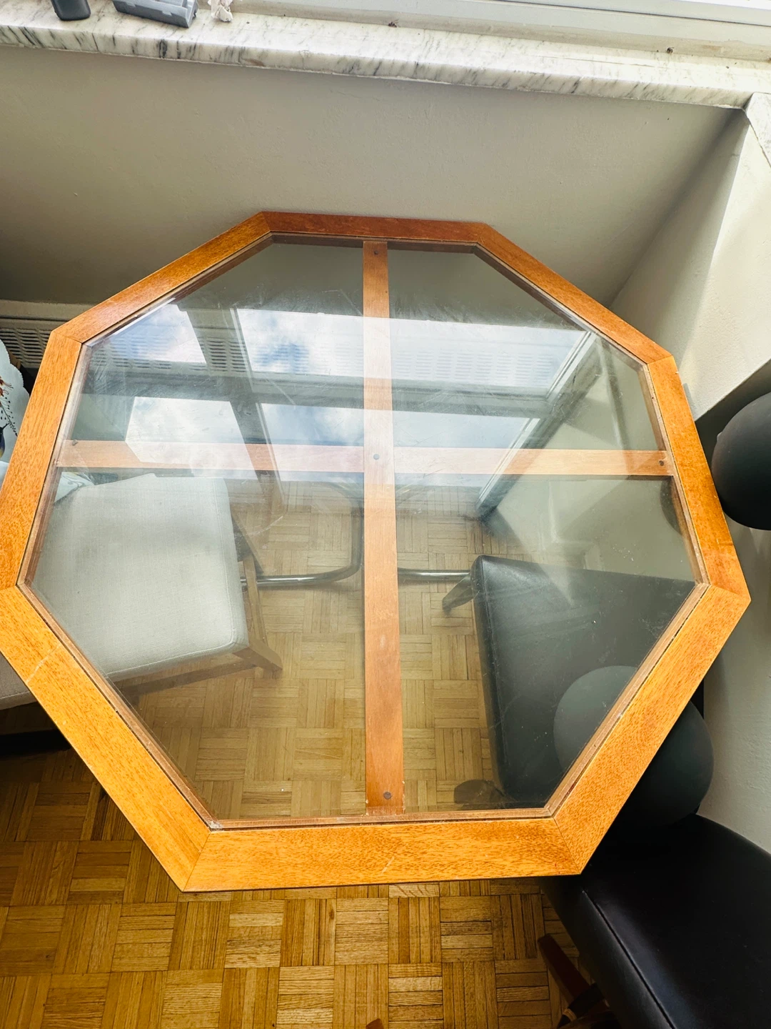 Octagonal Glass Top Coffee Table with Wood Frame - photo 3