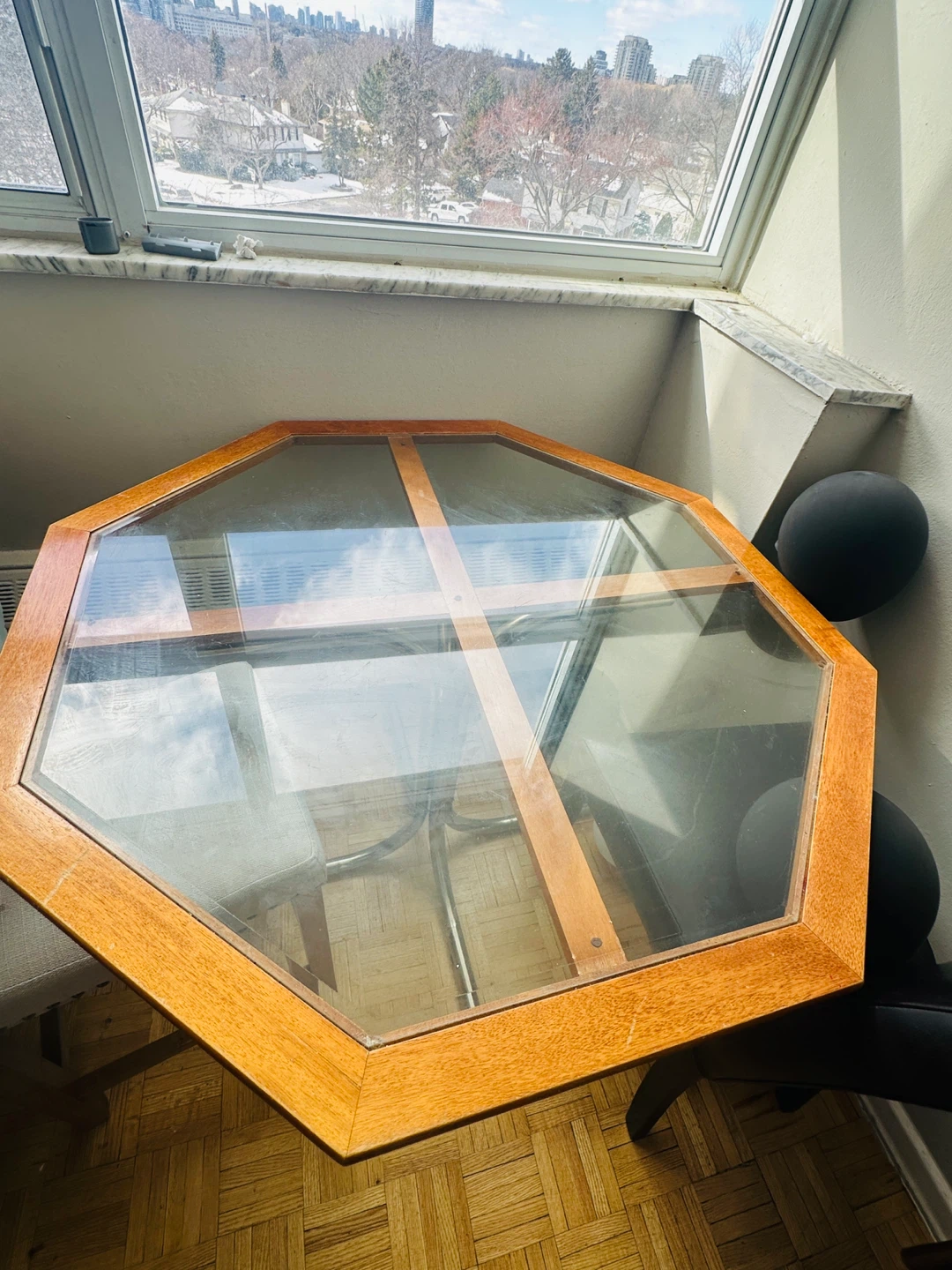 Octagonal Glass Top Coffee Table with Wood Frame