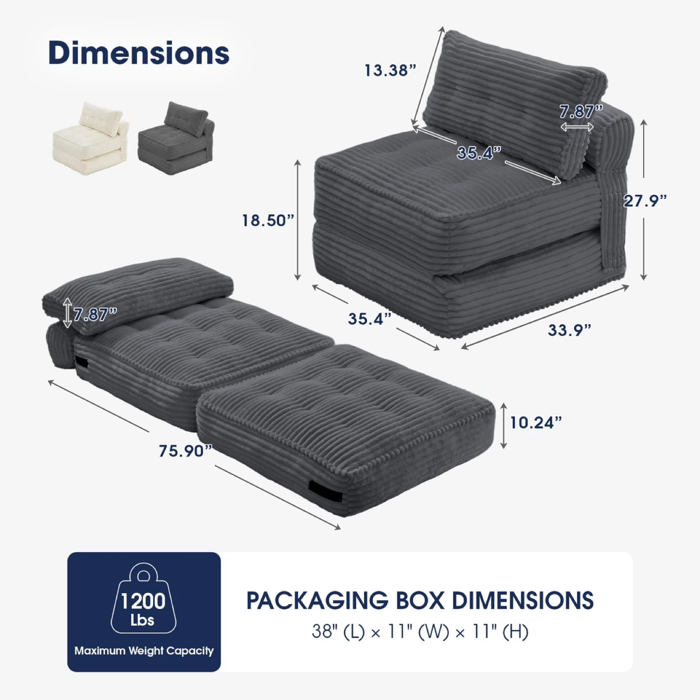 KINGYES Folding Sofa Bed, Corduroy Convertible Sleeper Chair - photo 3