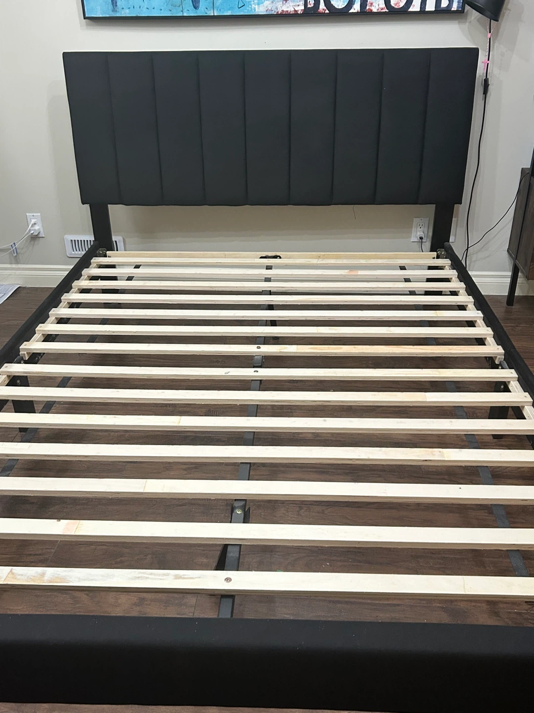 Black Upholstered Platform Bed Frame with Headboard