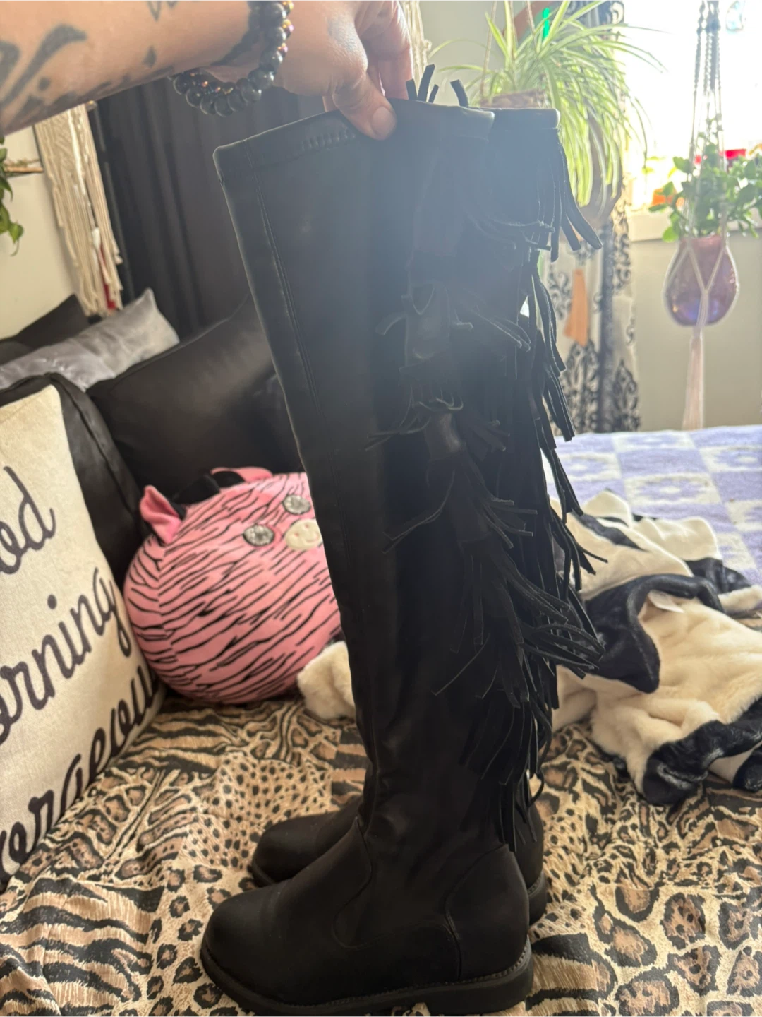 Black Faux Leather Boots with Fringe - photo 2