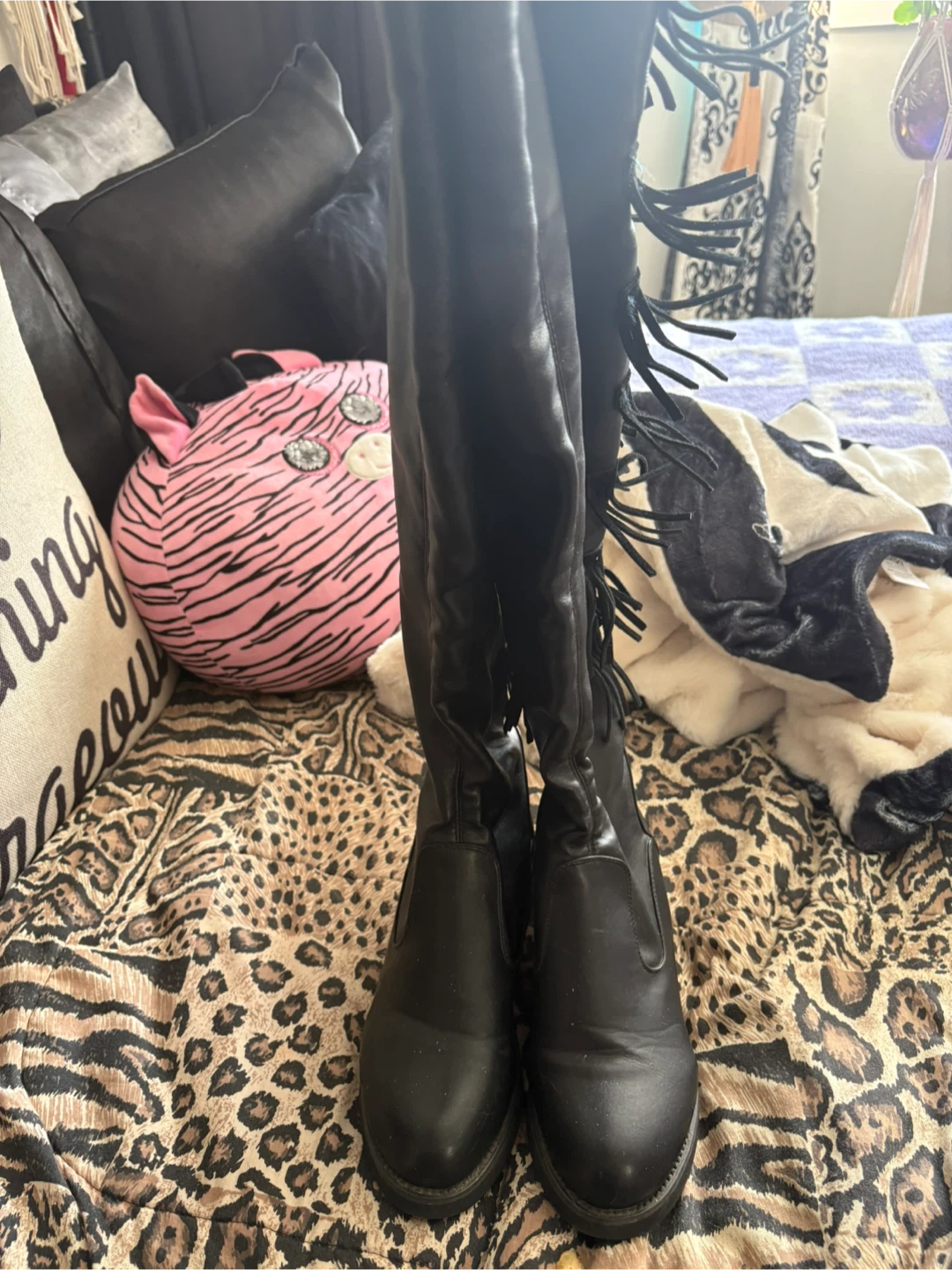 Black Faux Leather Boots with Fringe - photo 3