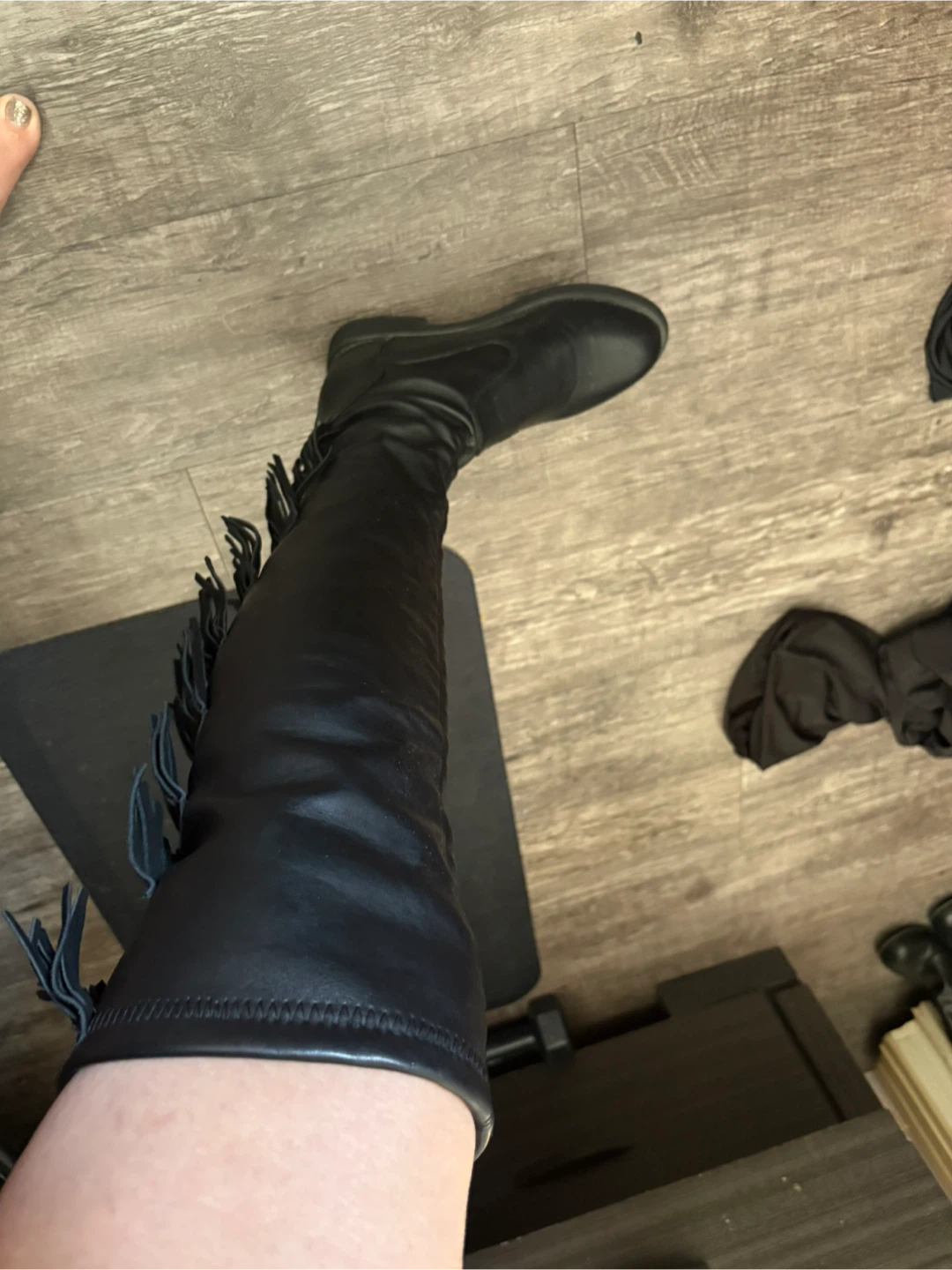 Black Faux Leather Boots with Fringe