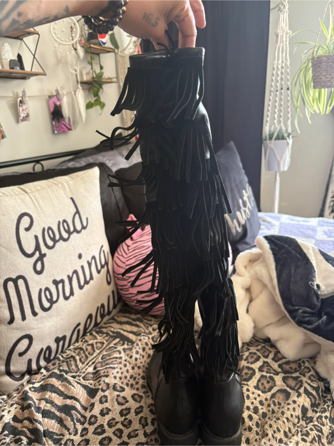 Black Faux Leather Boots with Fringe - photo 4