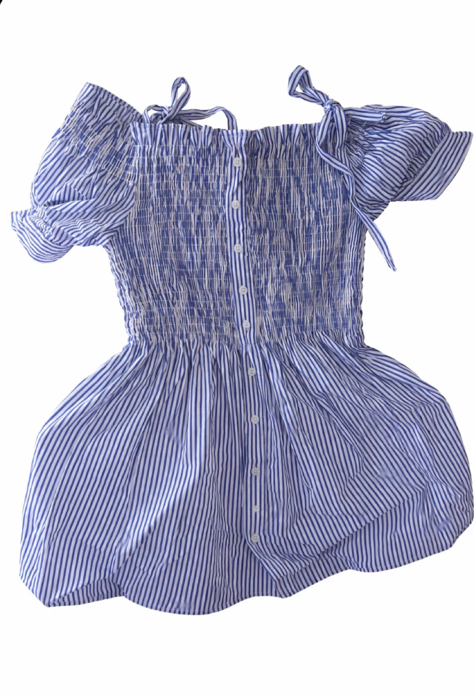Blue and White Striped Smocked Off-the-Shoulder Top