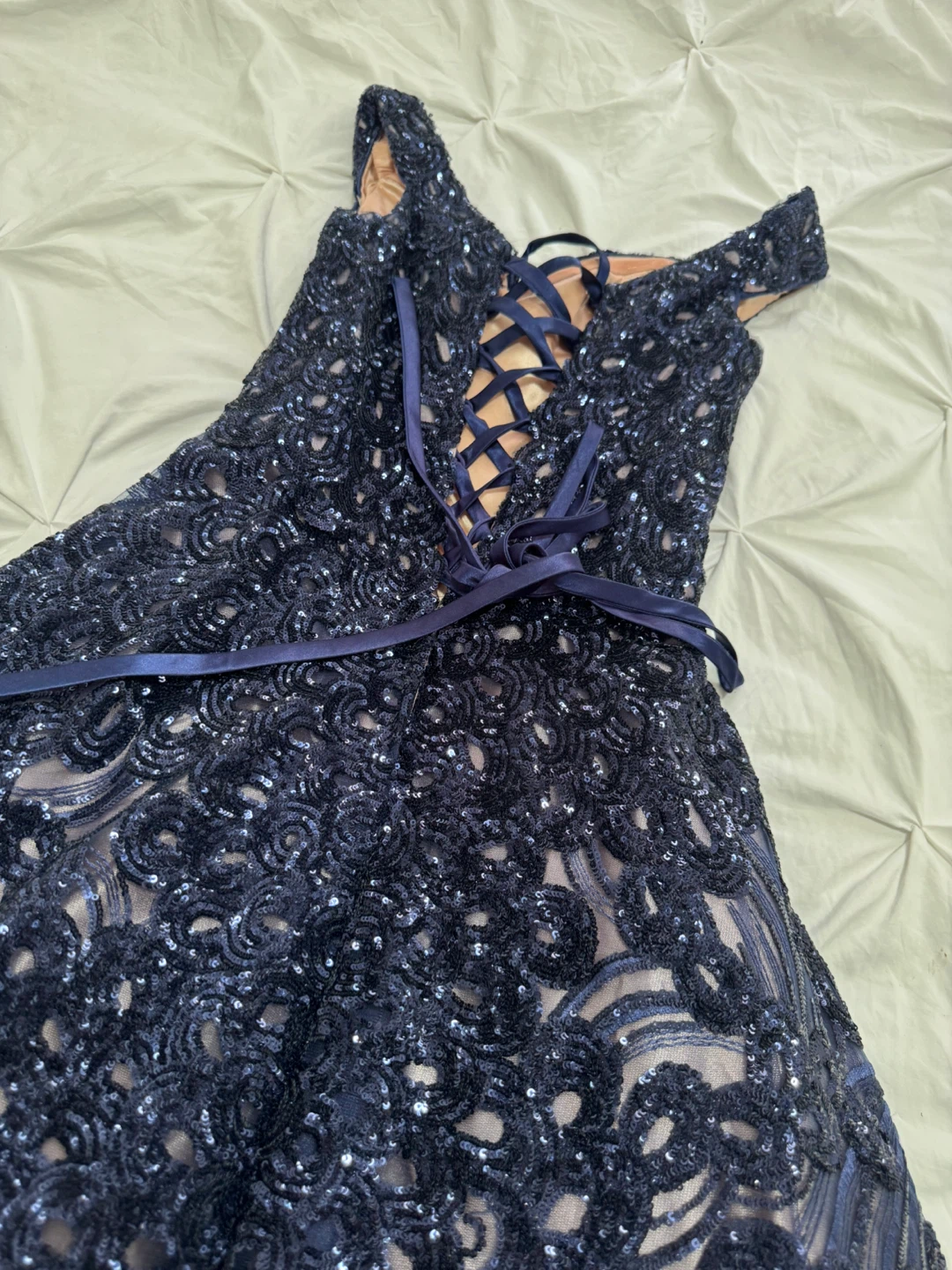 Navy Blue Sequin Lace Up Formal Gown