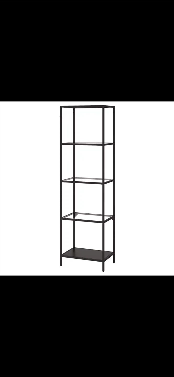 Tall Black Metal Bookshelf with Glass Shelves