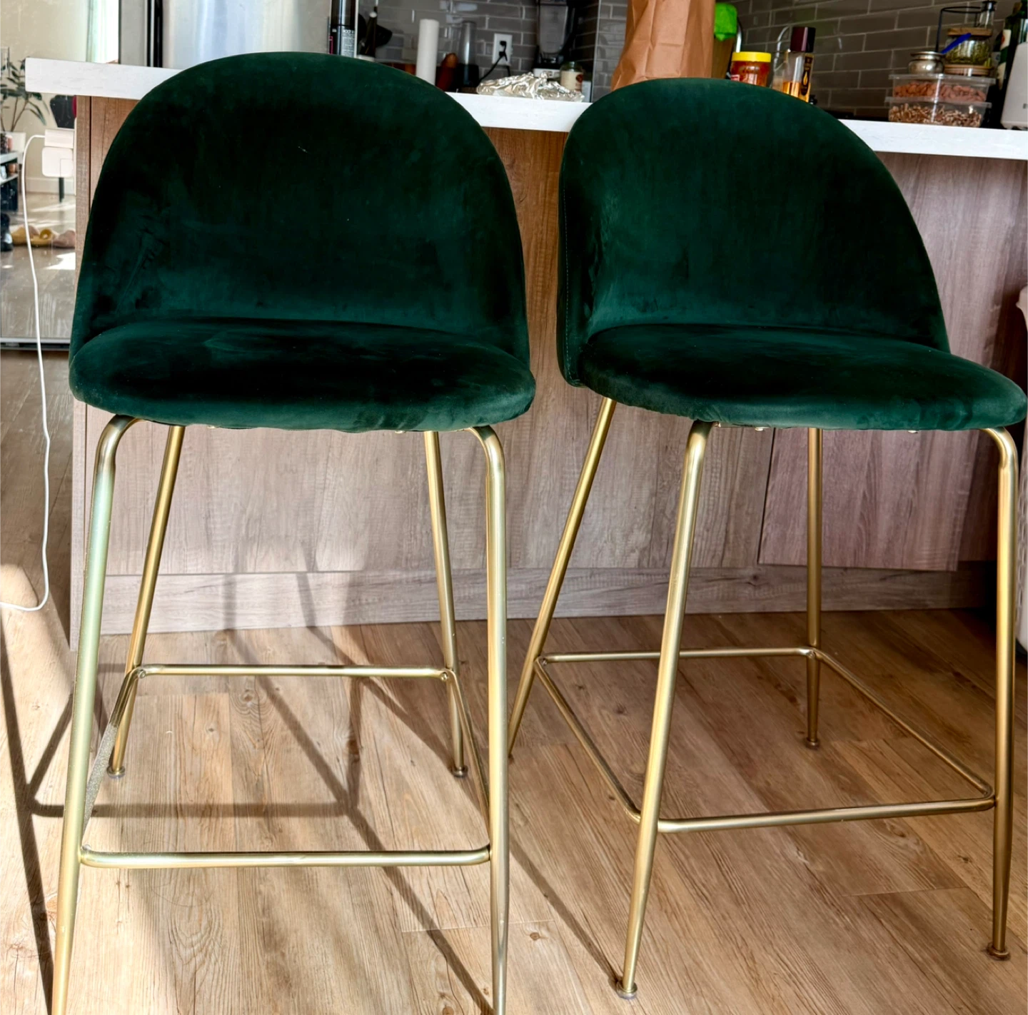 Pair of Emerald Green Velvet Bar Stools