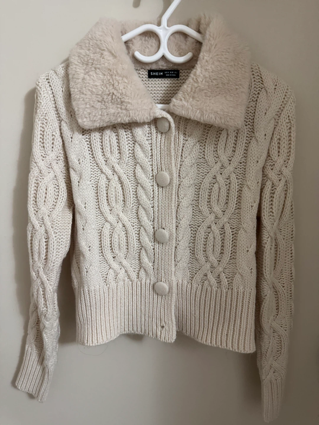 SHEIN Cream Cable Knit Faux Fur Collar Cardigan Sweater