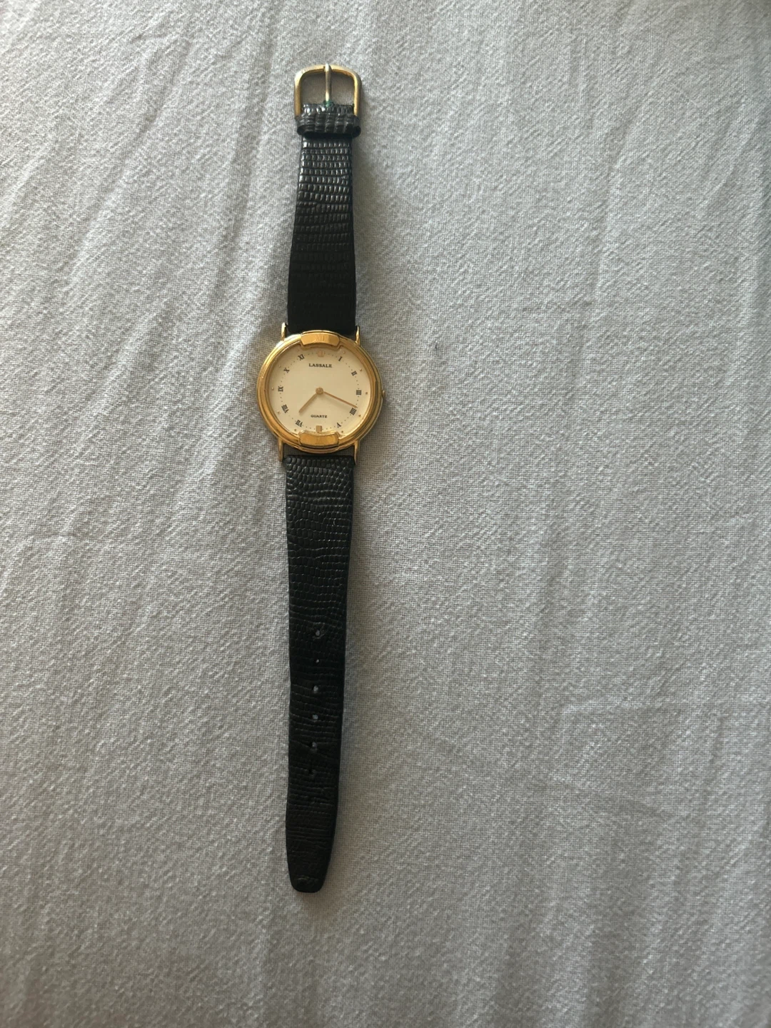 LASSALE Quartz Watch - Gold Tone, Black Leather Band
