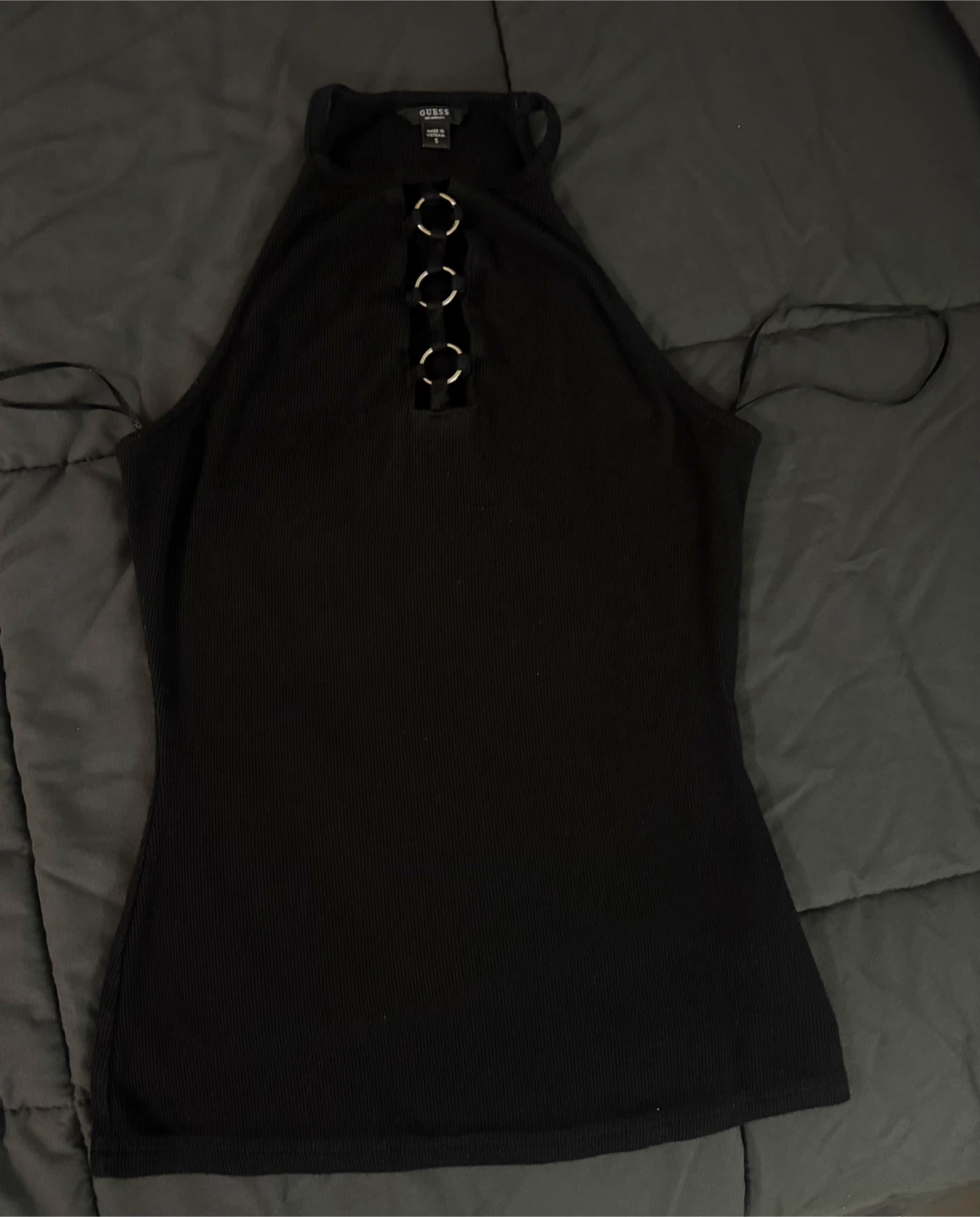 Guess Black Ribbed Ring Detail Halter Top - Size S