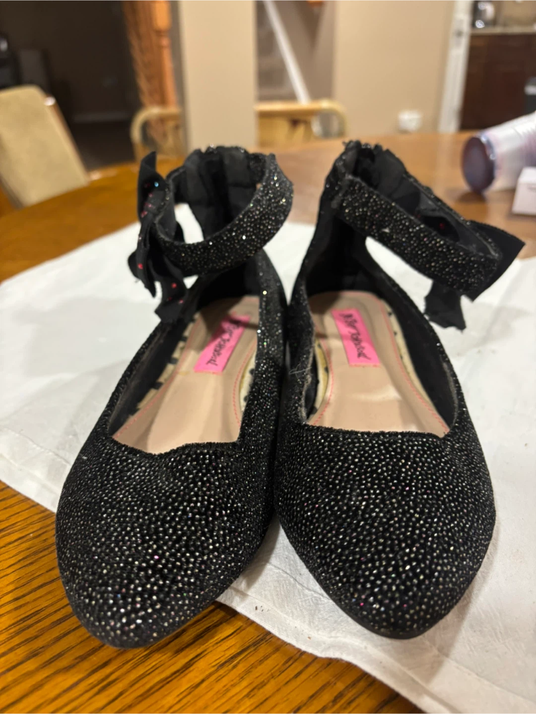 Betsey Johnson Black Glitter Ballet Flats with Bows